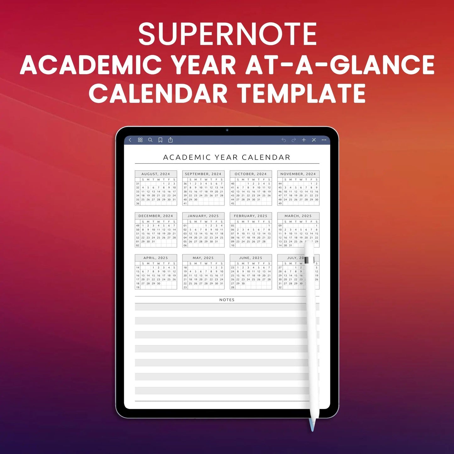 Supernote Academic Year At-a-Glance Calendar Template Planner Template CreativeRino