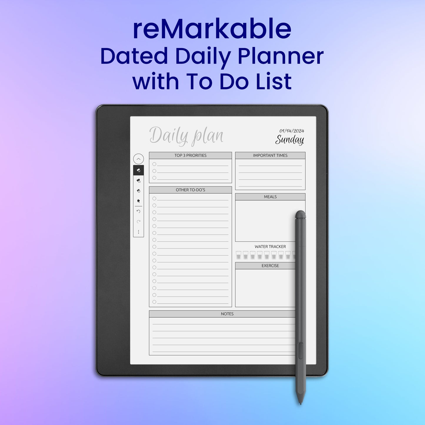 reMarkable 2 Dated Daily Planner with To Do List Planner Template My Store