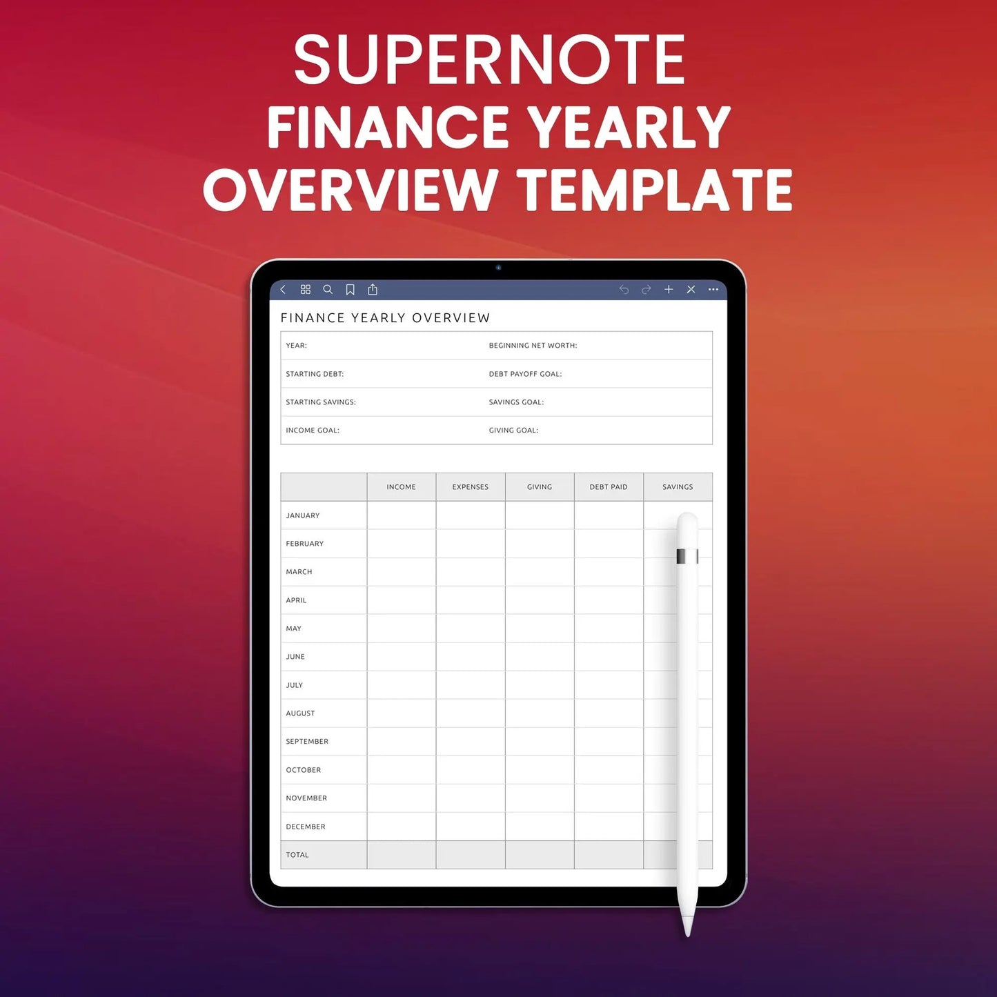 Supernote Finance Yearly Overview Template Planner Template CreativeRino