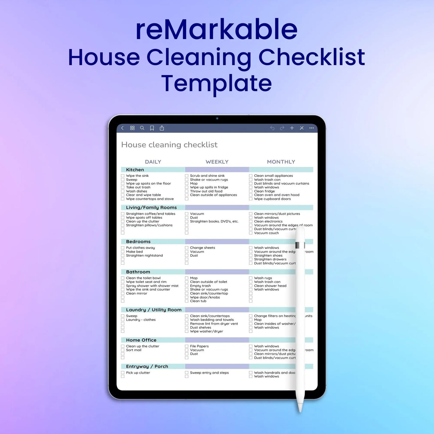 reMarkable 2 House Cleaning Checklist Template Planner Template My Store