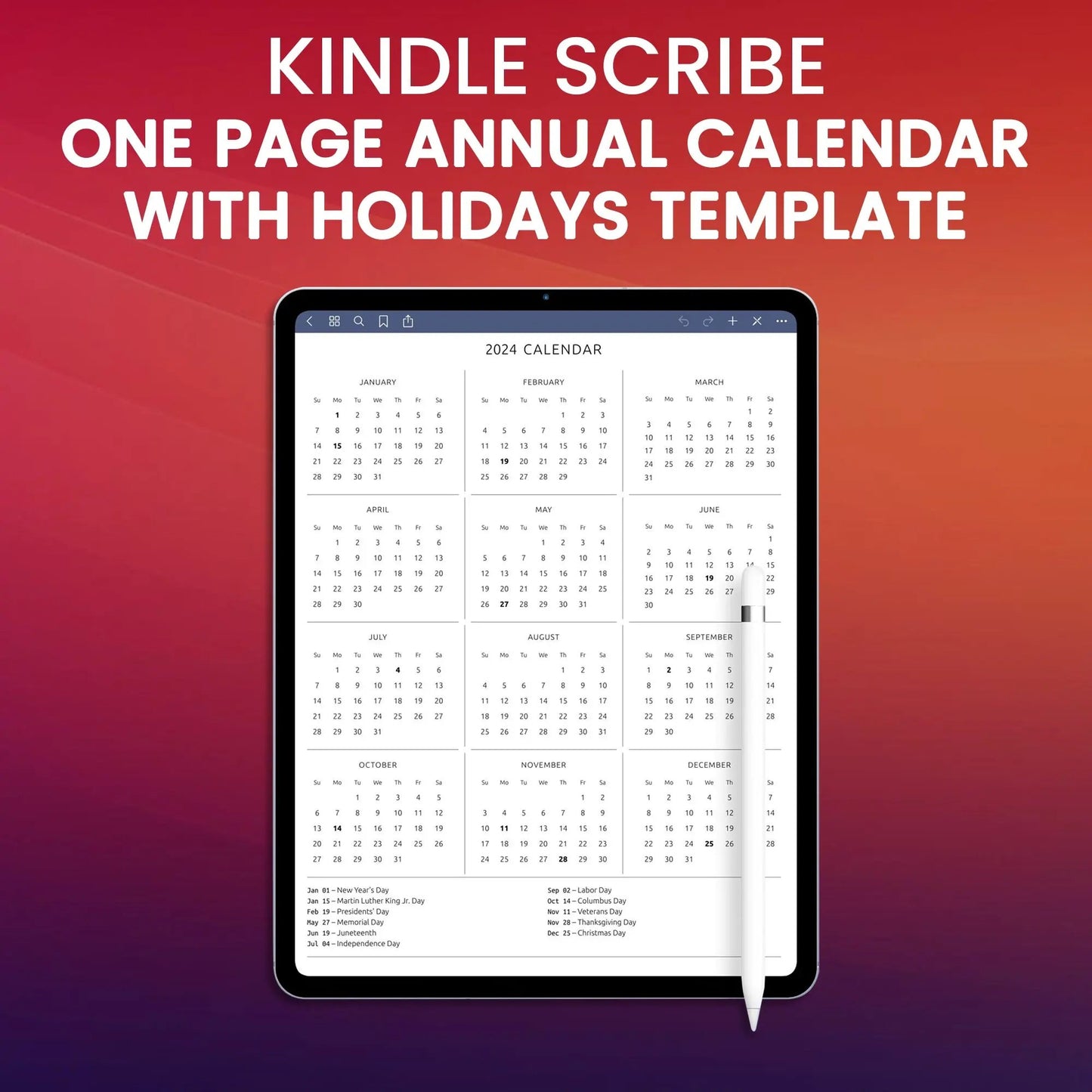 Supernote One Page Annual Calendar with Holidays Template Planner Template CreativeRino