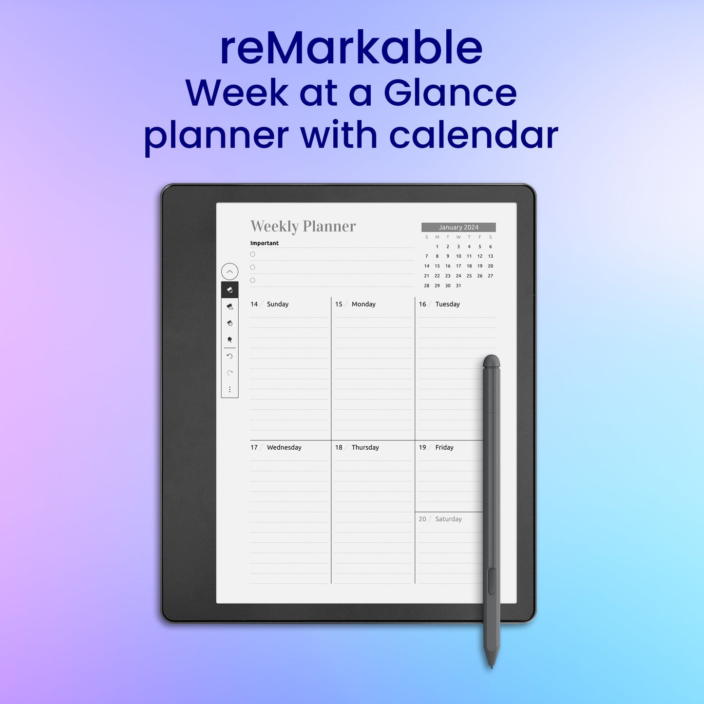 reMarkable 2 Week at a Glance planner with calendar Planner Template My Store