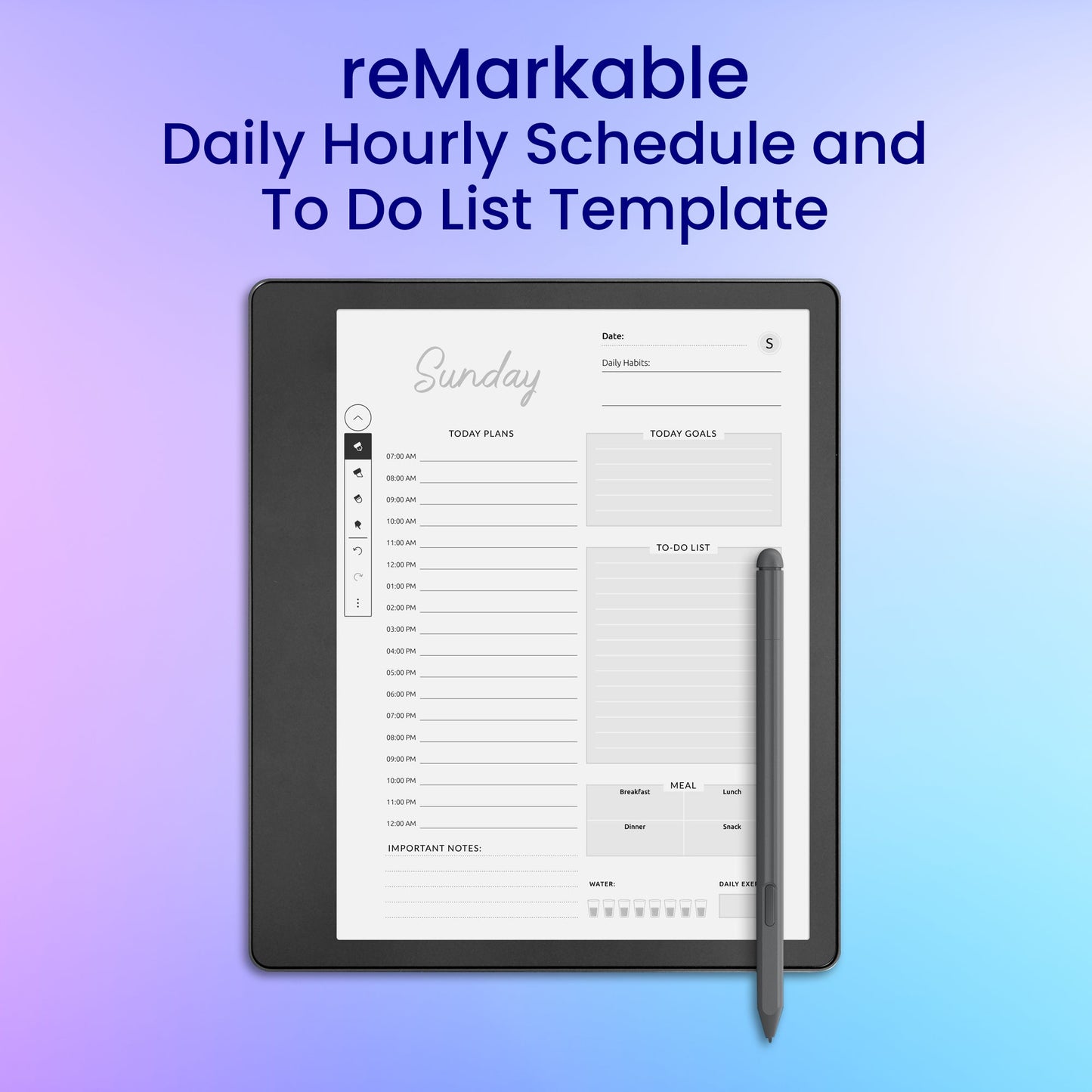 reMarkable 2 Daily Hourly Schedule and To Do List Planner Template My Store