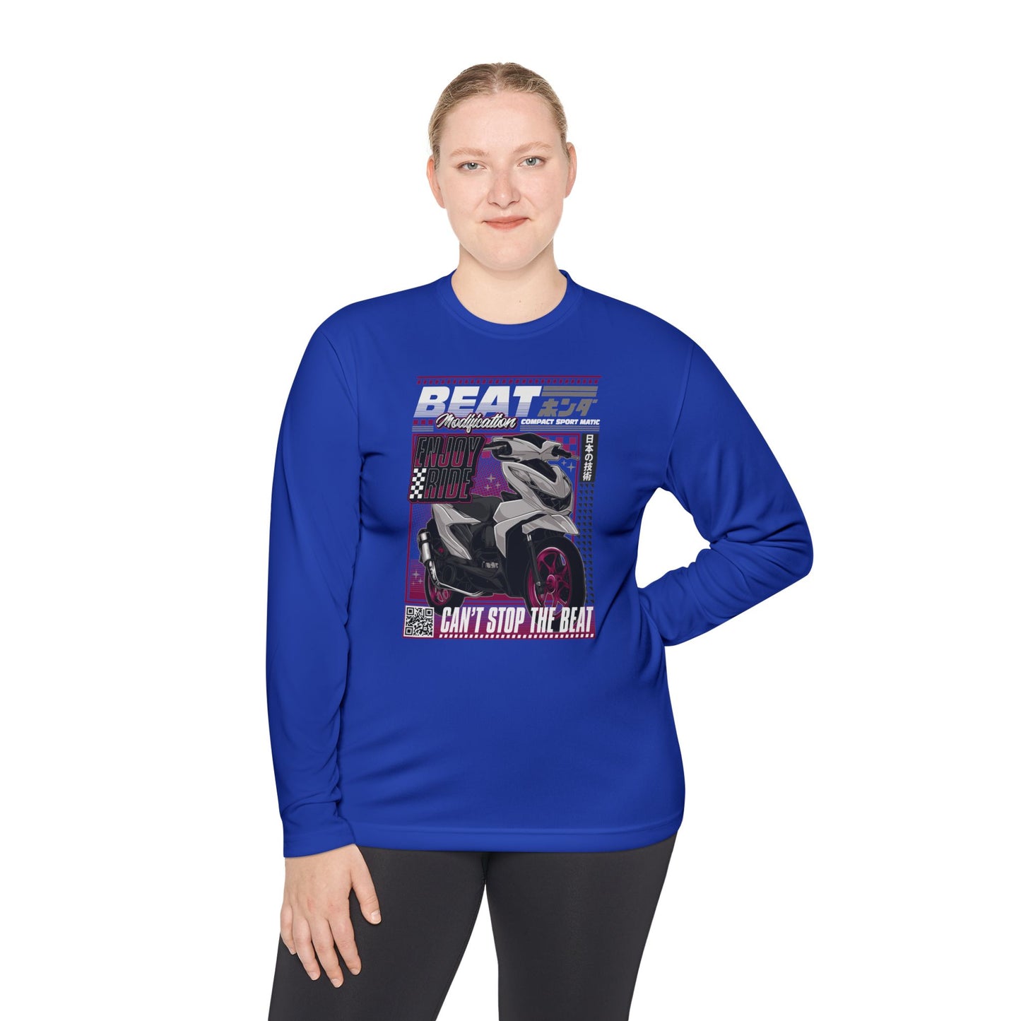 Unisex Lightweight Long Sleeve Tee - Motorcycle Theme T-shirt - "Can't Stop the Beat" Graphic - CreativeRino