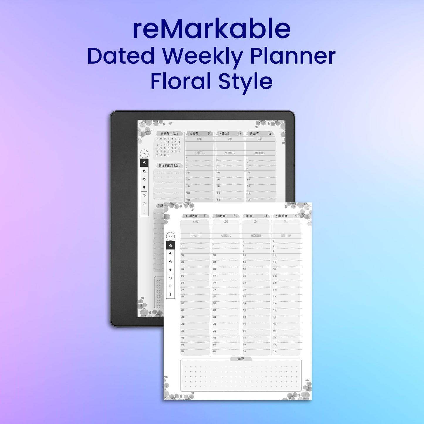 reMarkable 2 Dated Weekly Planner - Floral Style Planner Template My Store