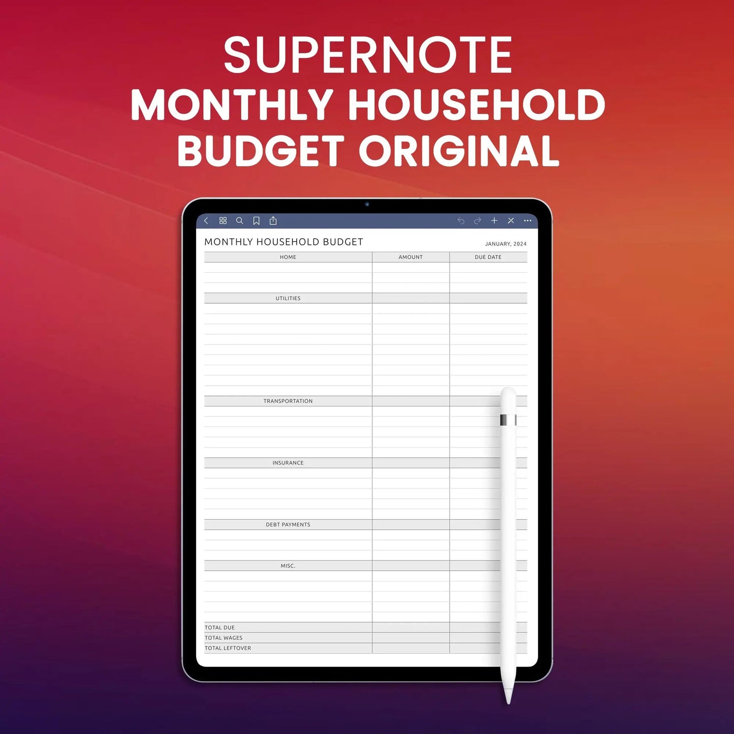 Supernote Monthly Household Budget Original Planner Template CreativeRino