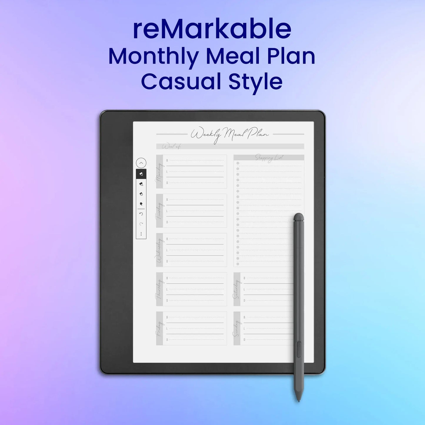 reMarkable 2 Weekly Meal Plan and Shopping List Planner Template My Store
