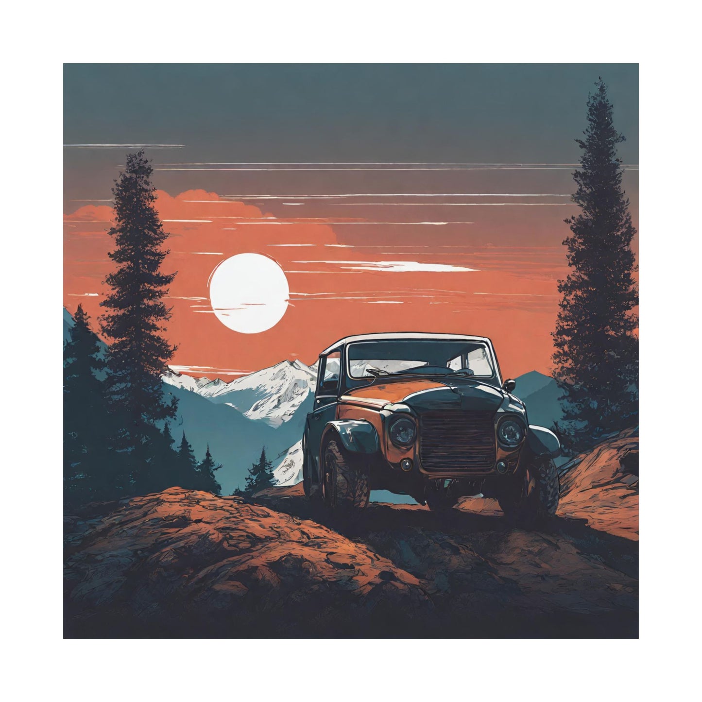 Vintage Adventure Matte Vertical Poster - Retro Jeep and Mountain Sunset Wall Art - CreativeRino
