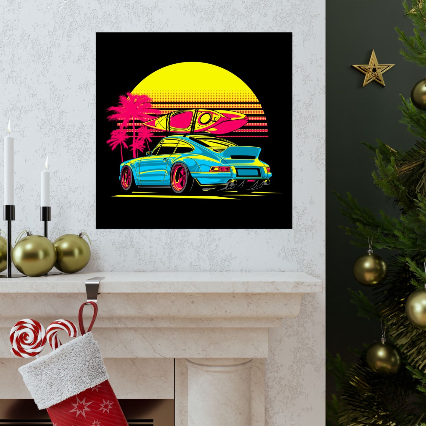 Retro Beach Vibes Matte Square Poster - Neon Car & Surfboard Design - CreativeRino