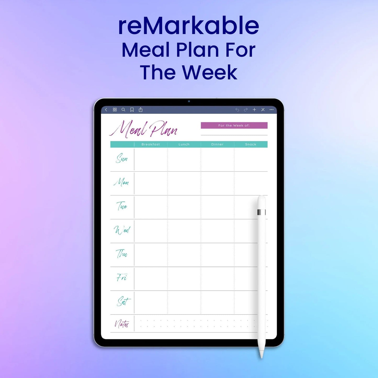 reMarkable 2 Meal Plan For The Week Planner Template My Store