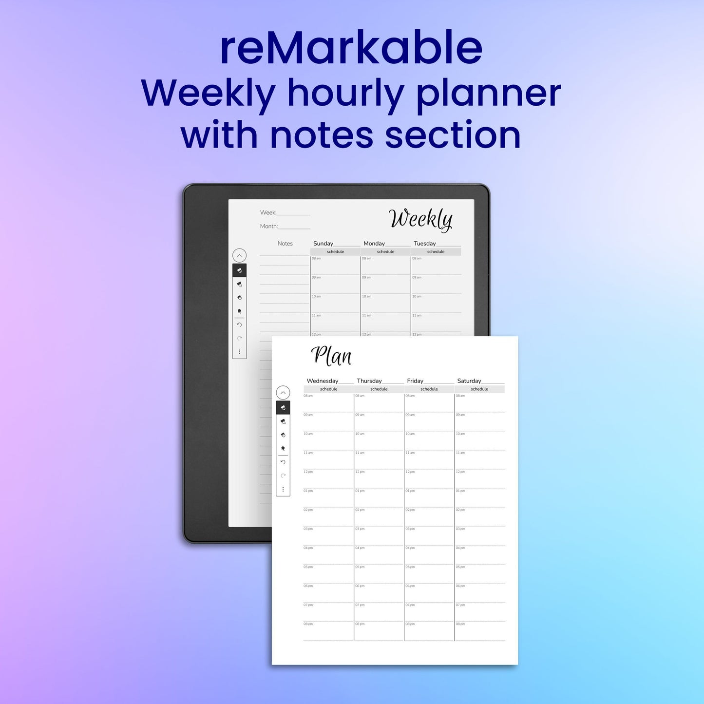 reMarkable 2 Weekly hourly planner with notes section Planner Template My Store