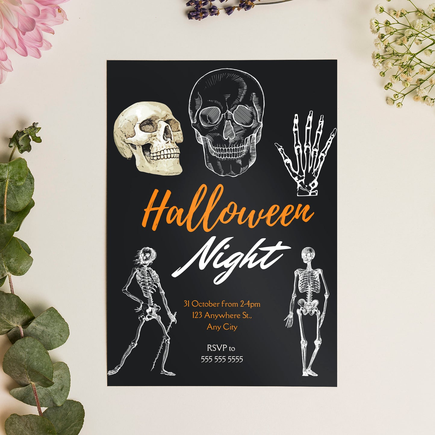 Adult Skull Halloween Night Invitation Template | Skeleton Invite - CreativeRino