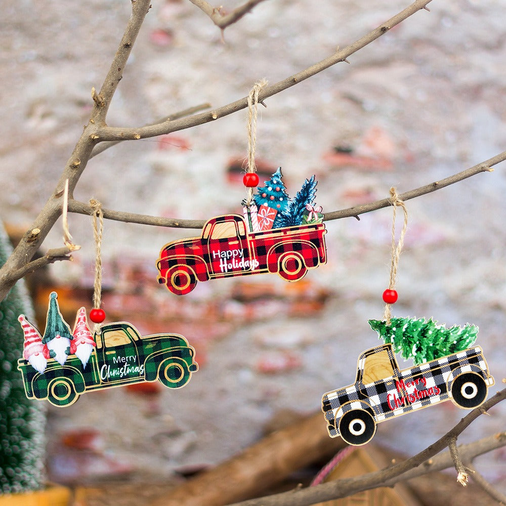 Rustic Plaid Wooden Christmas Ornaments Set | Santa, Car & Tree Hanging Pendants Decor