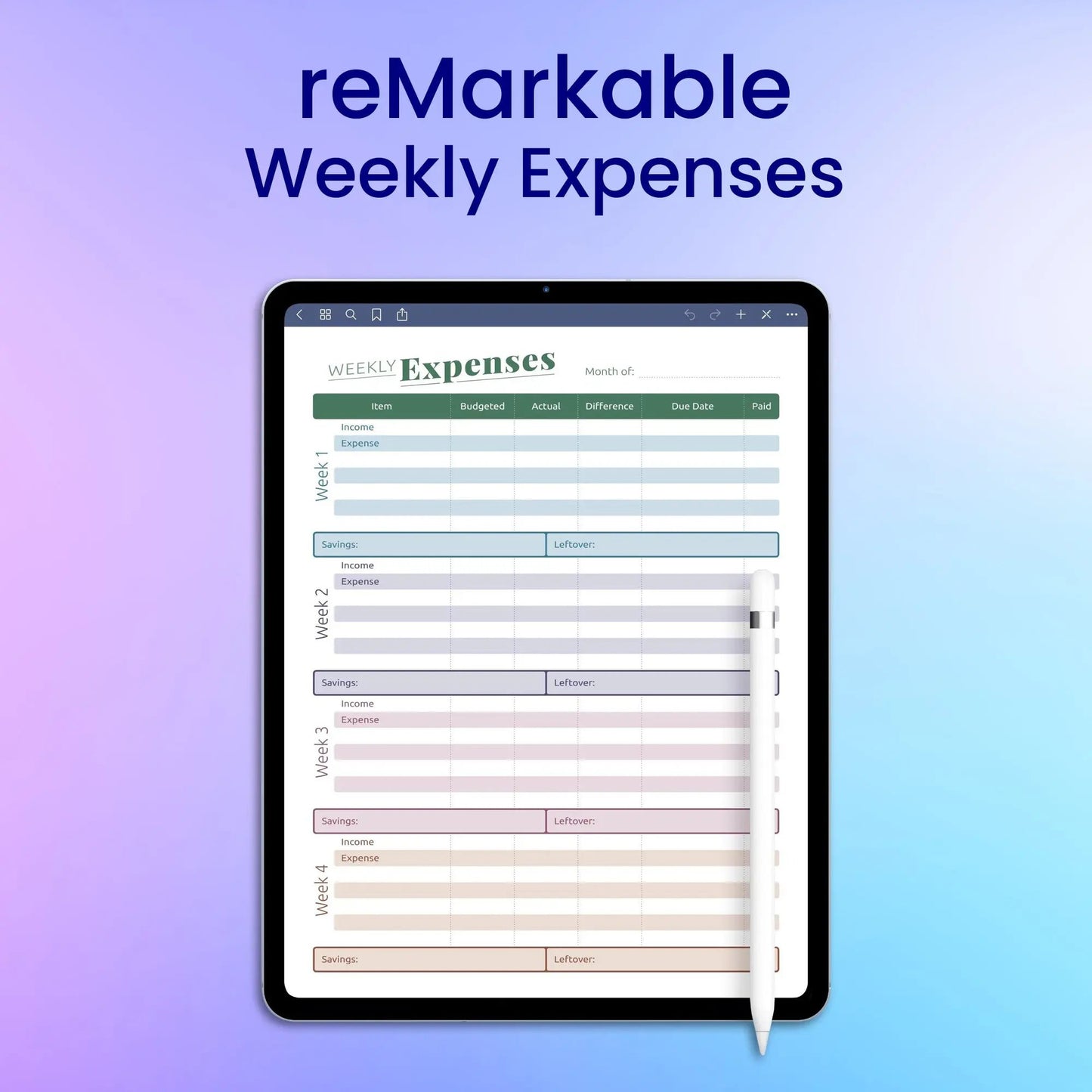 reMarkable 2 Weekly Expenses Planner Template My Store