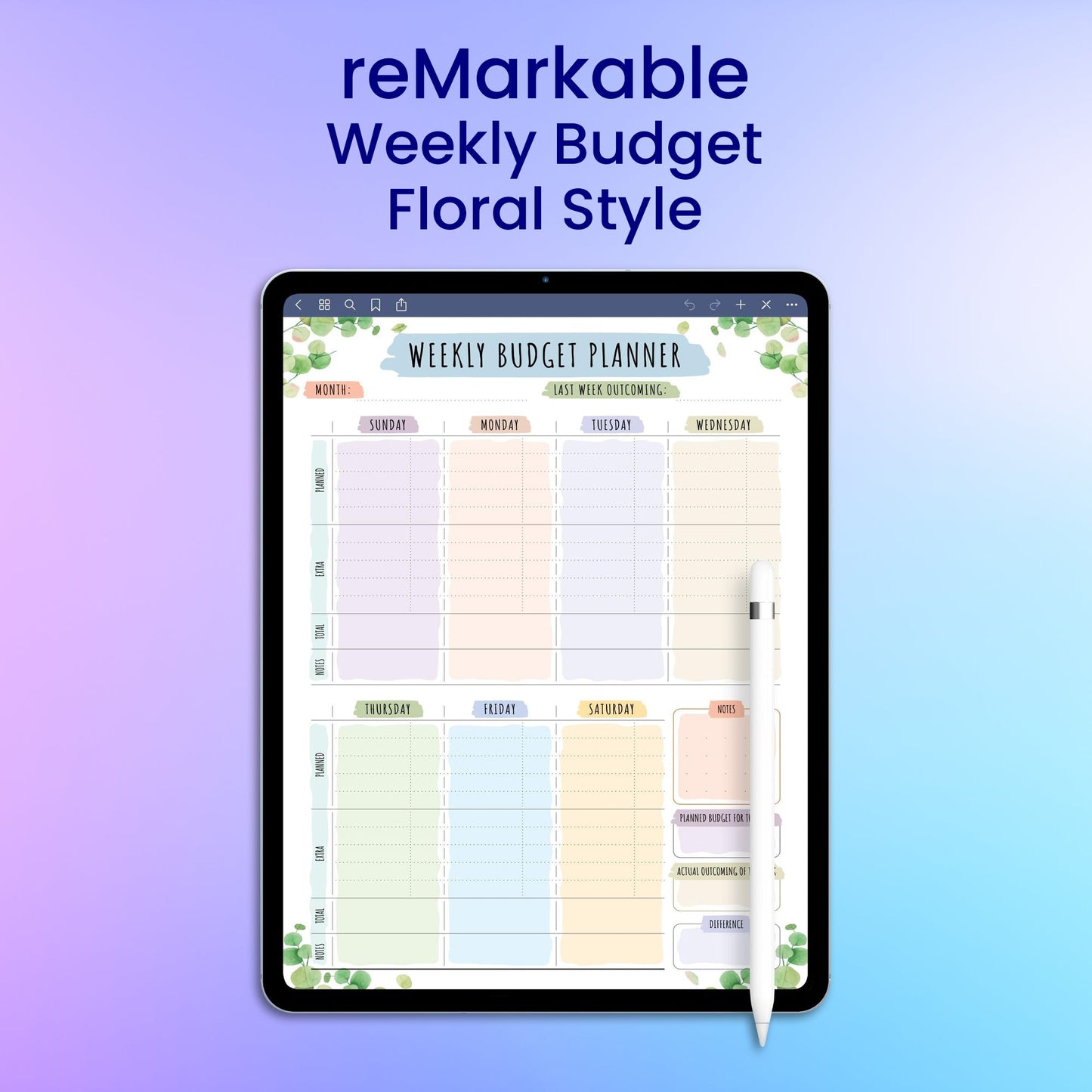 reMarkable 2 Weekly Budget - Floral Style Planner Template My Store