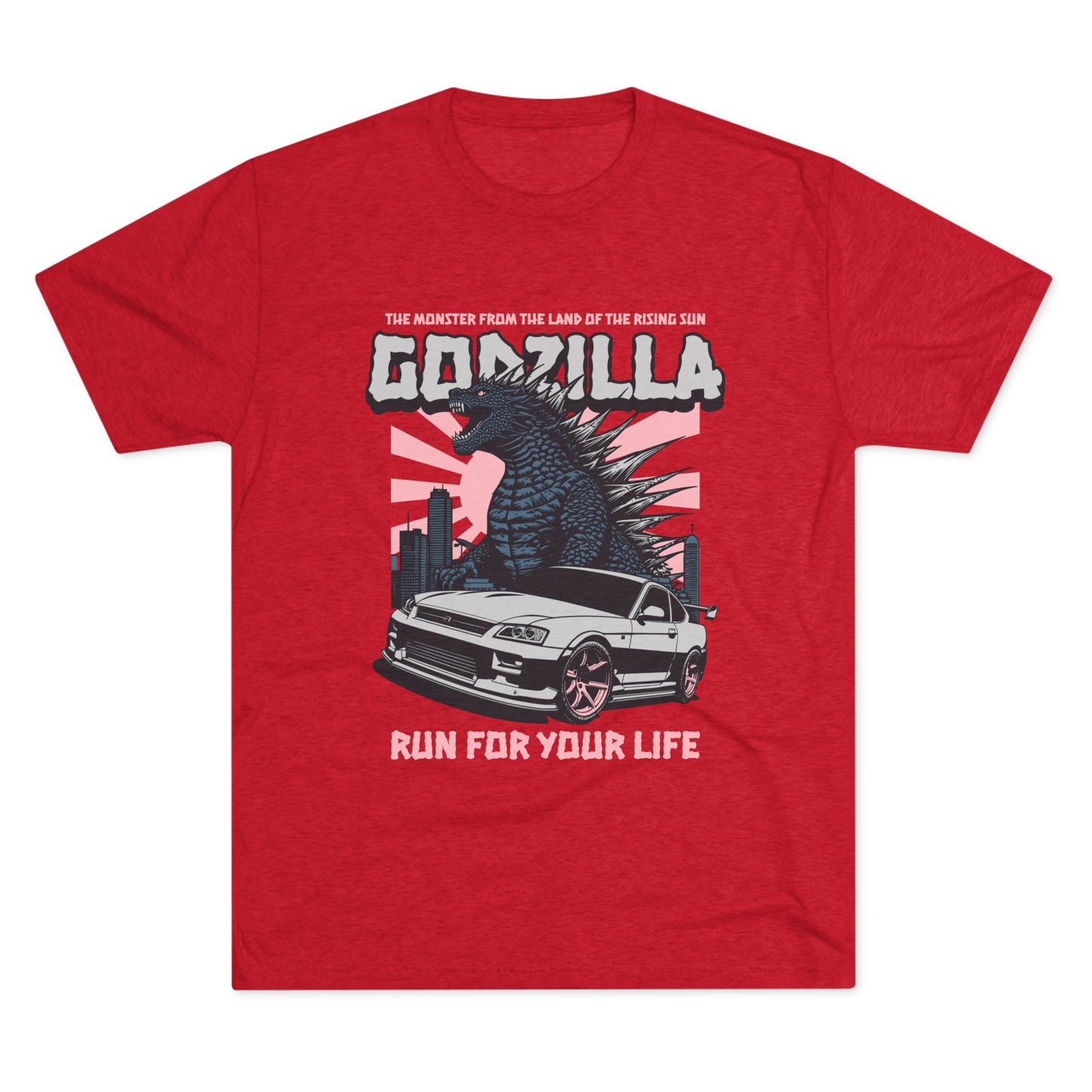 Godzilla Monster Unisex Tri-Blend Crew Tee - Run for Your Life Car T-shirt - CreativeRino