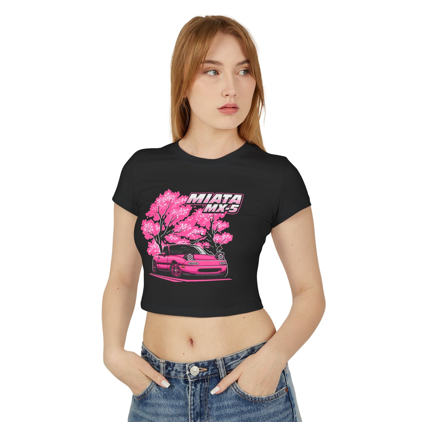 Women's Miata MX-5 Baby Tee | Pink Cherry Blossom Design | Car Enthusiast Shirt - CreativeRino
