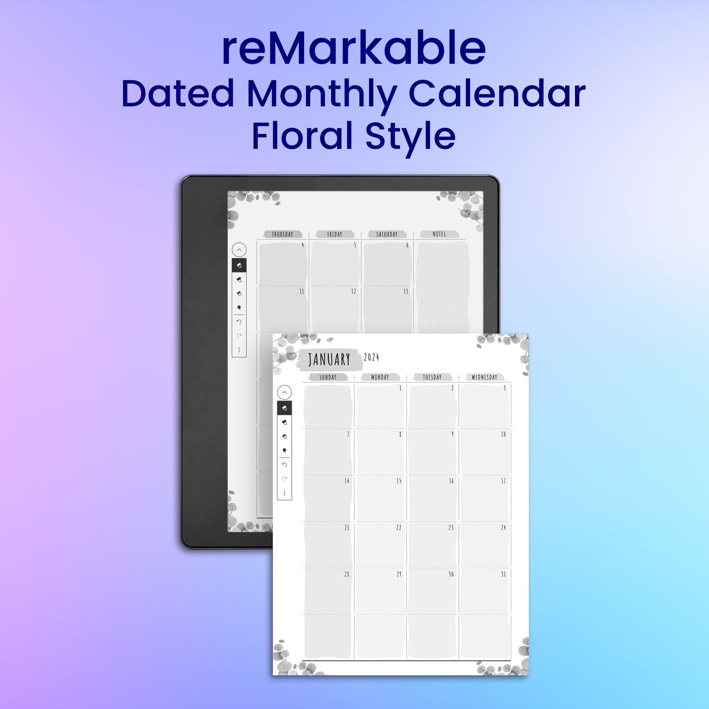 reMarkable 2 Dated Monthly Calendar - Floral Style Planner Template My Store