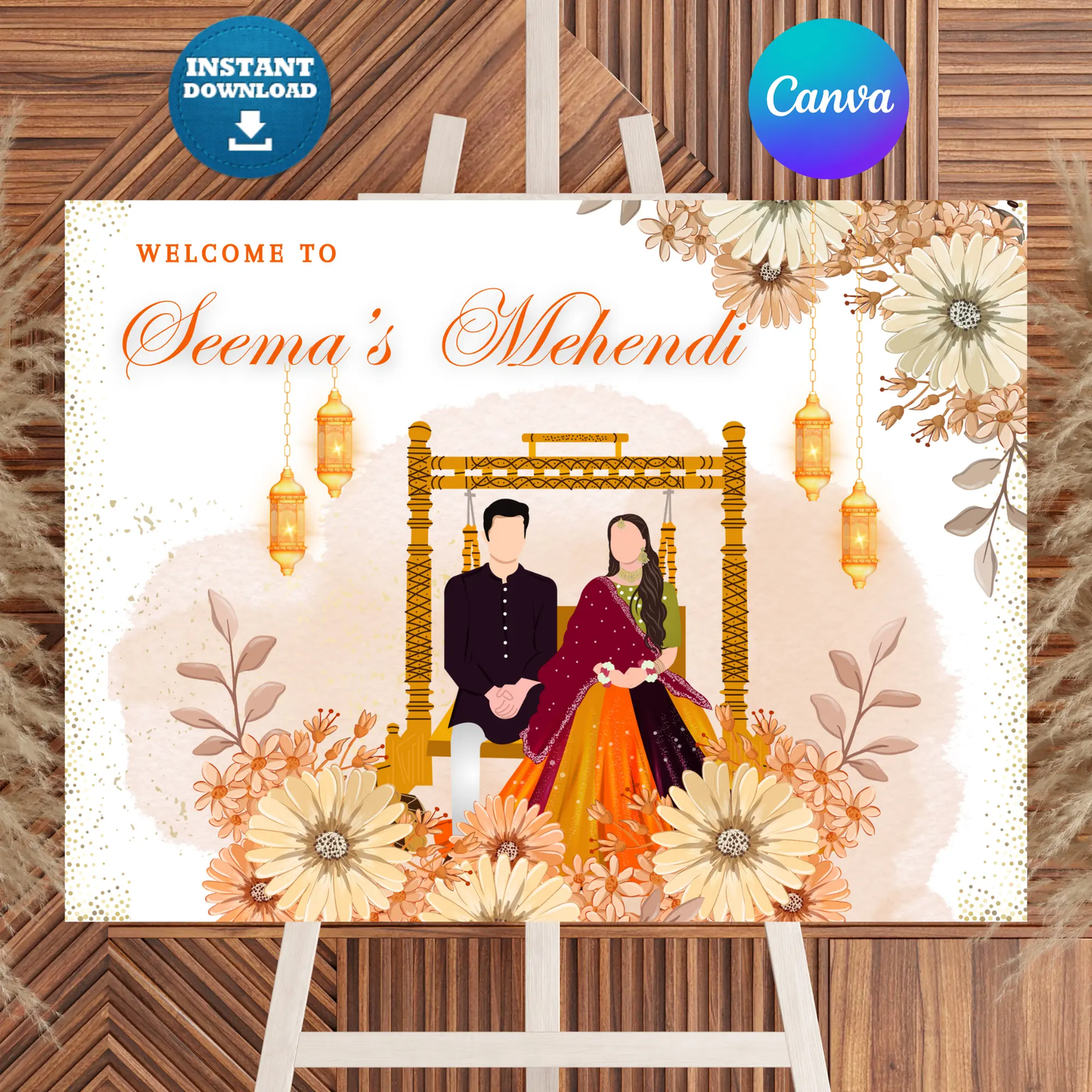 Mehndi Sign Template | Indian Wedding Welcome Sign CreativeRino