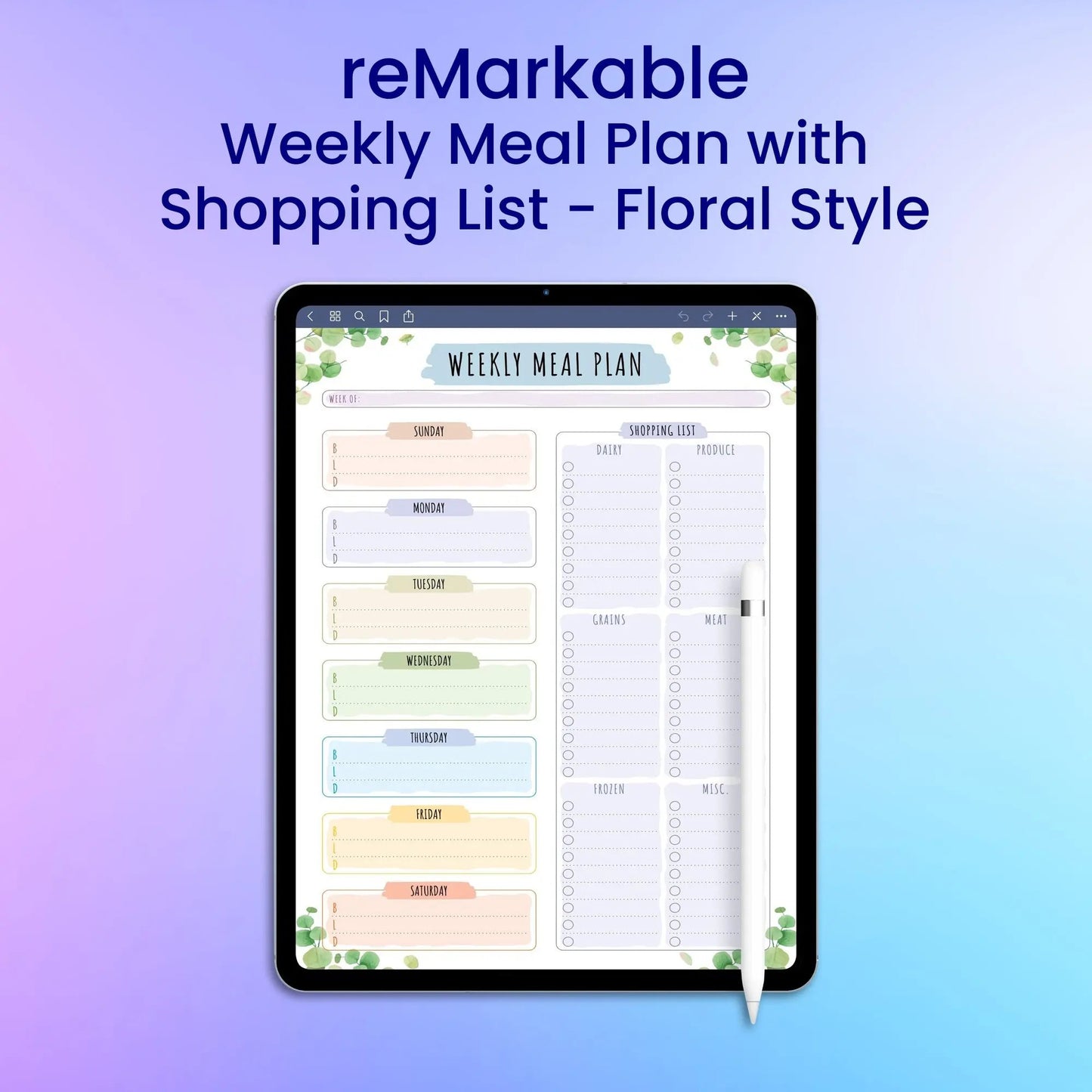 reMarkable 2 Weekly Meal Plan with Shopping List - Floral Style Planner Template My Store