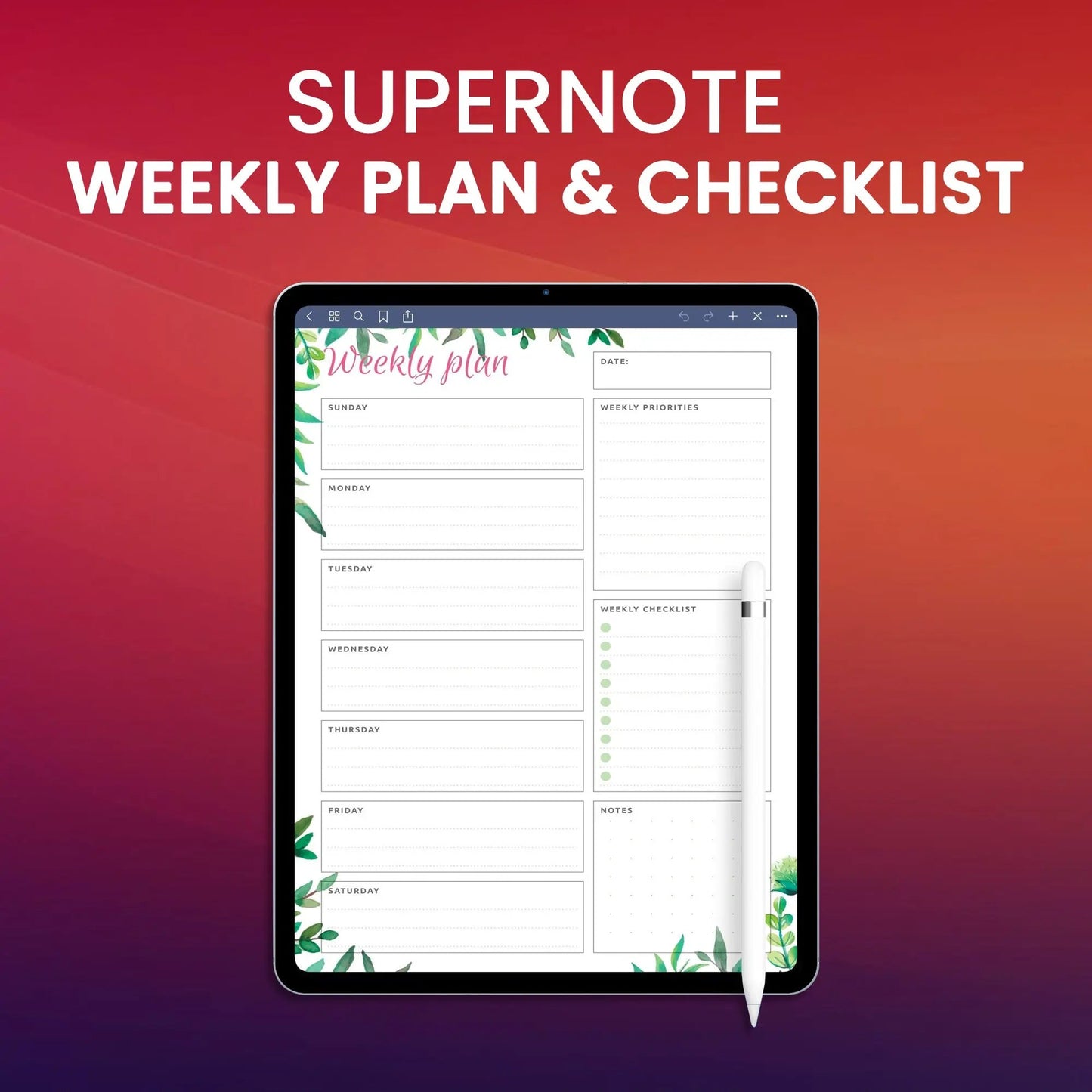 Supernote Weekly Plan & Checklist Planner Template CreativeRino