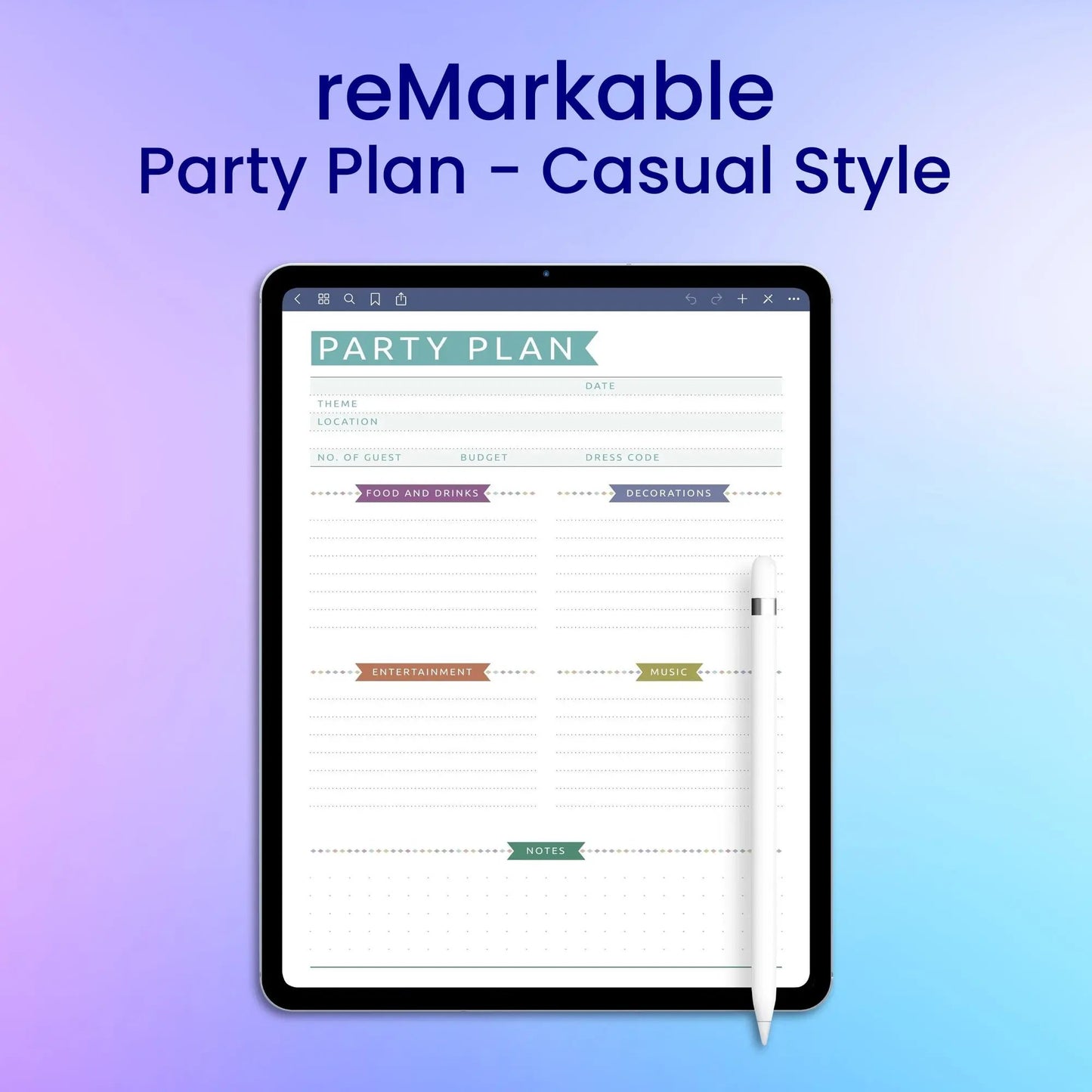 reMarkable 2 Party Plan - Casual Style Planner Template My Store