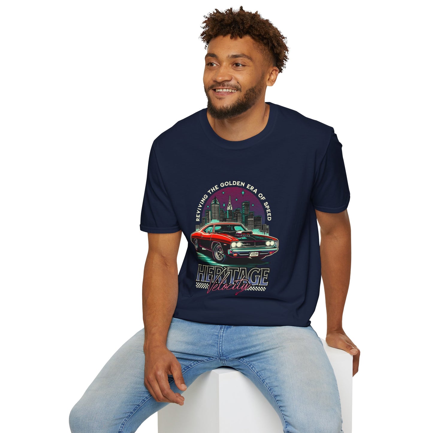 Heritage Velocity Unisex Softstyle T-Shirt - Retro Car Design for Classic Car Lovers - CreativeRino