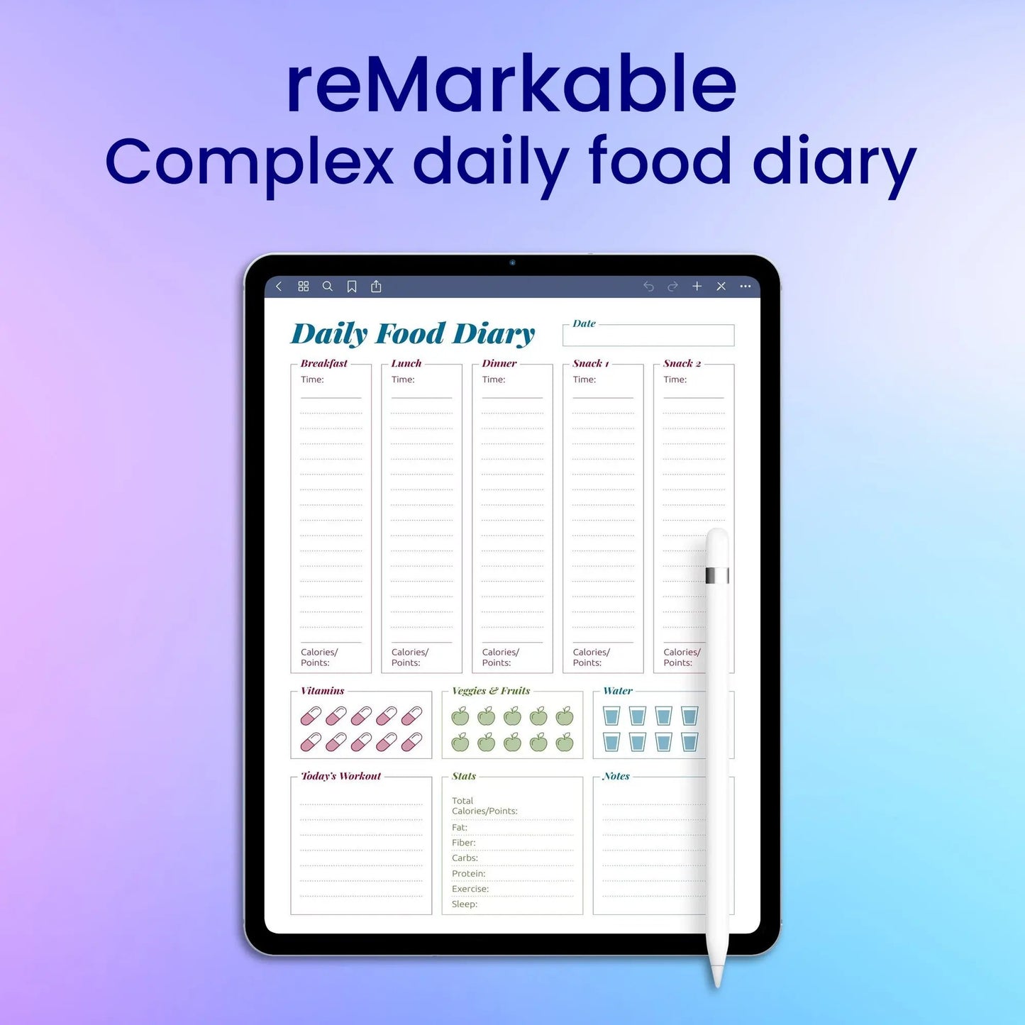 reMarkable 2 Complex Daily Food Diary Planner Template My Store