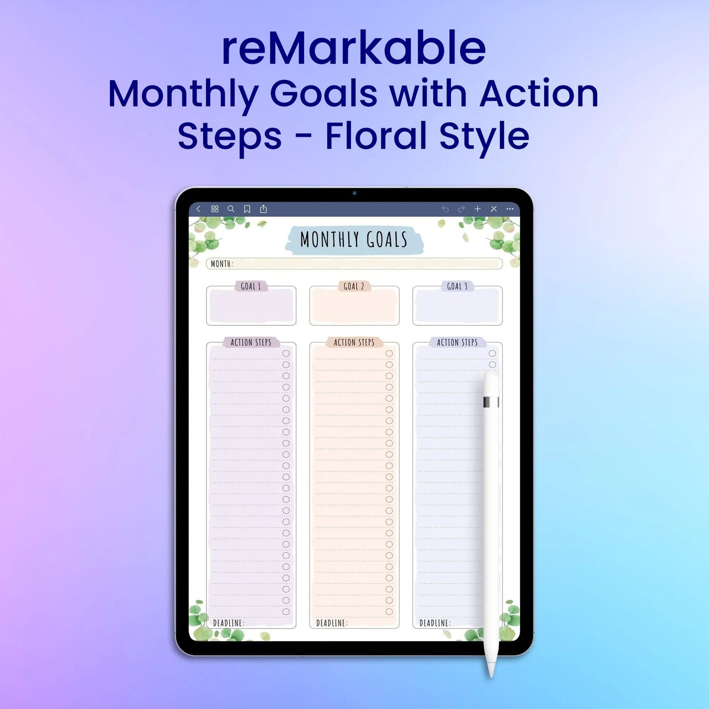 reMarkable 2 Monthly Goals with Action Steps - Floral Style Planner Template My Store