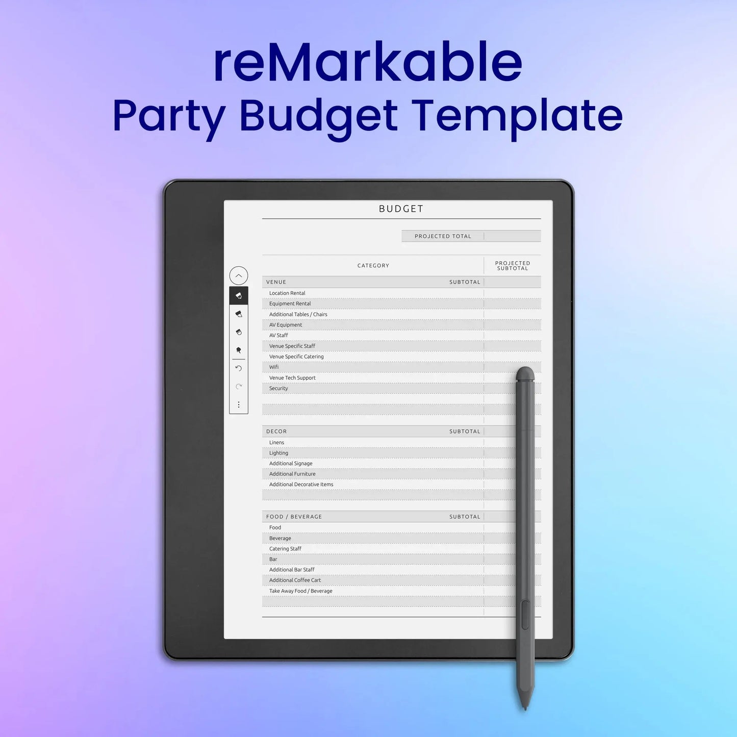 reMarkable 2 Party Budget Template Planner Template My Store