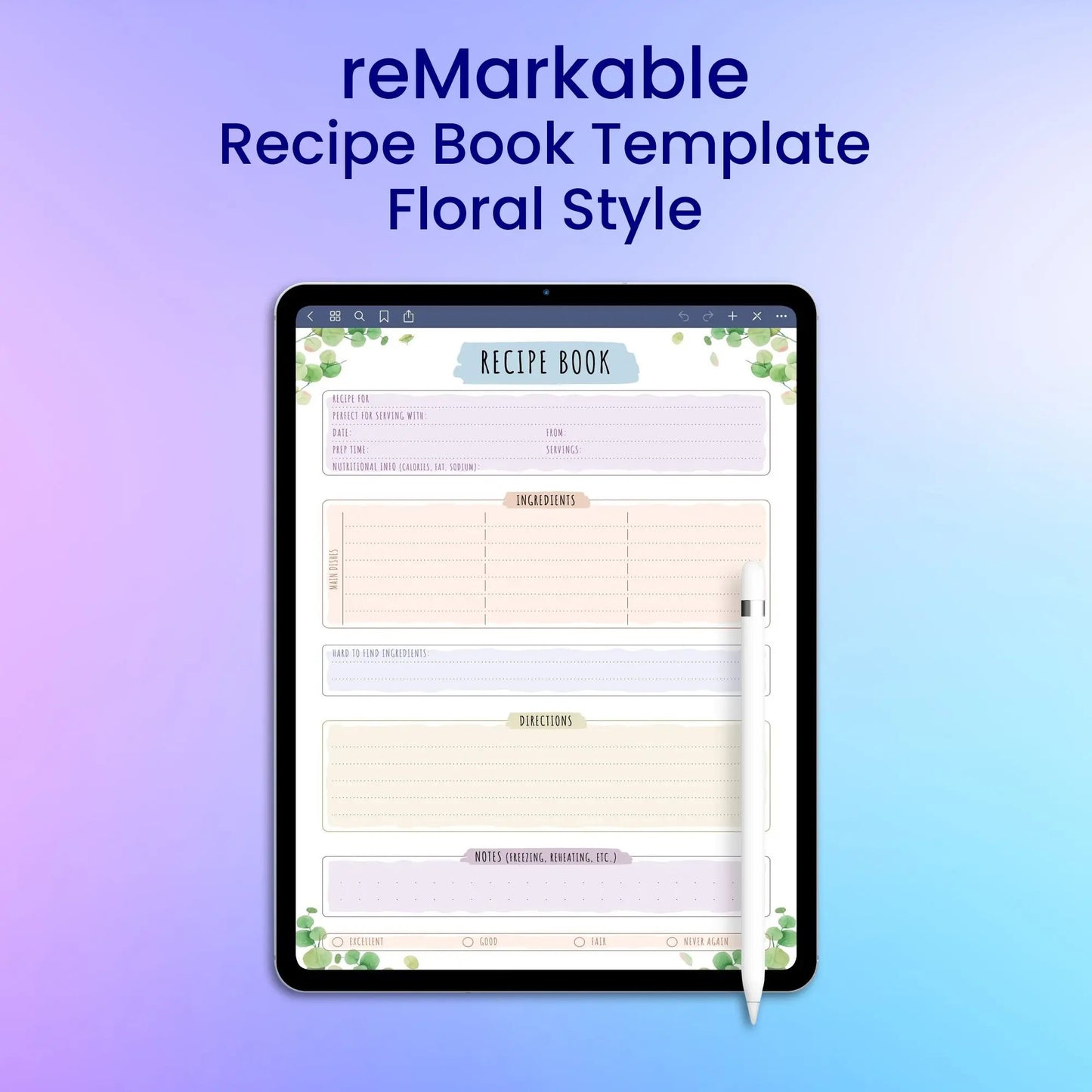 reMarkable 2 Recipe Book Template - Floral Style Planner Template My Store