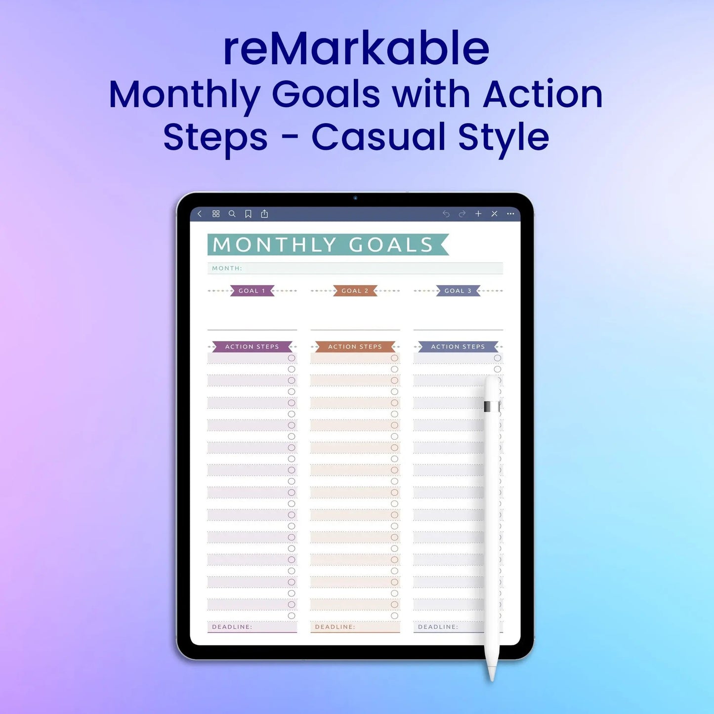 reMarkable 2 Monthly Goals with Action Steps - Casual Style Planner Template My Store
