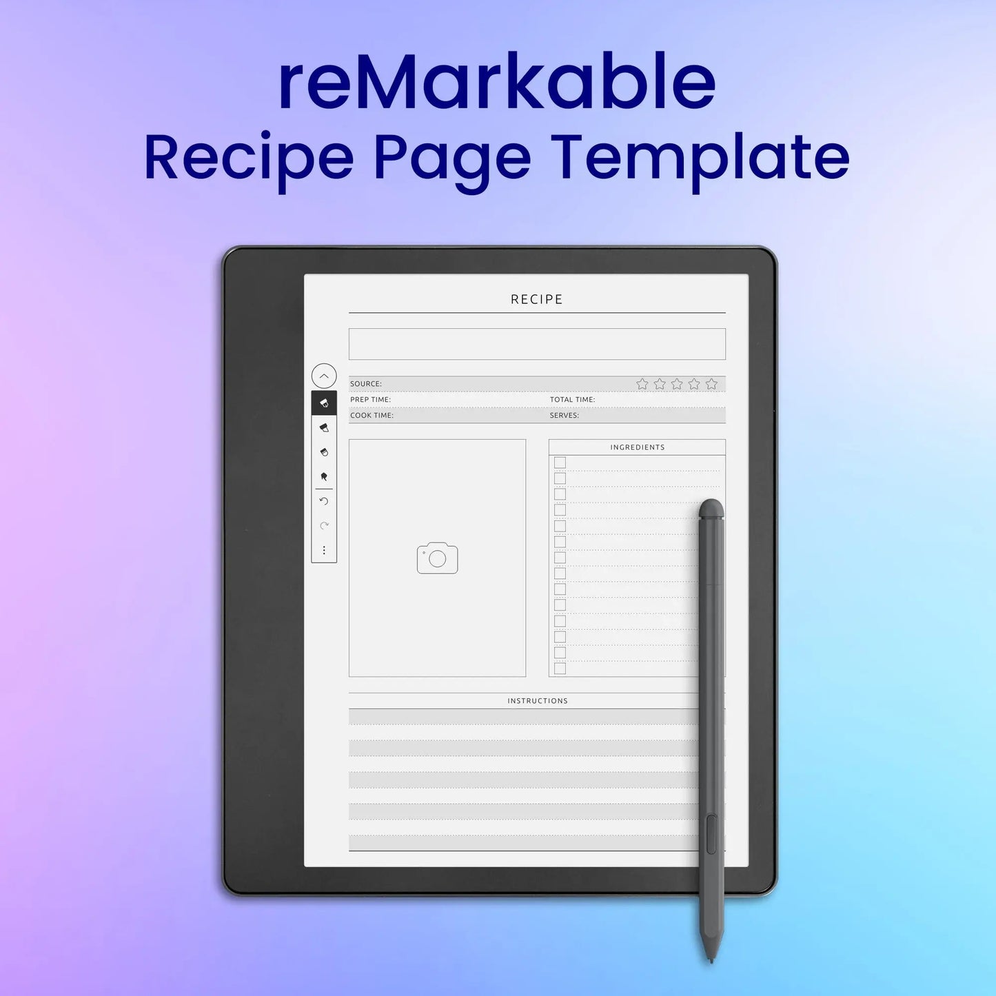 reMarkable 2 Recipe Page Template Planner Template My Store