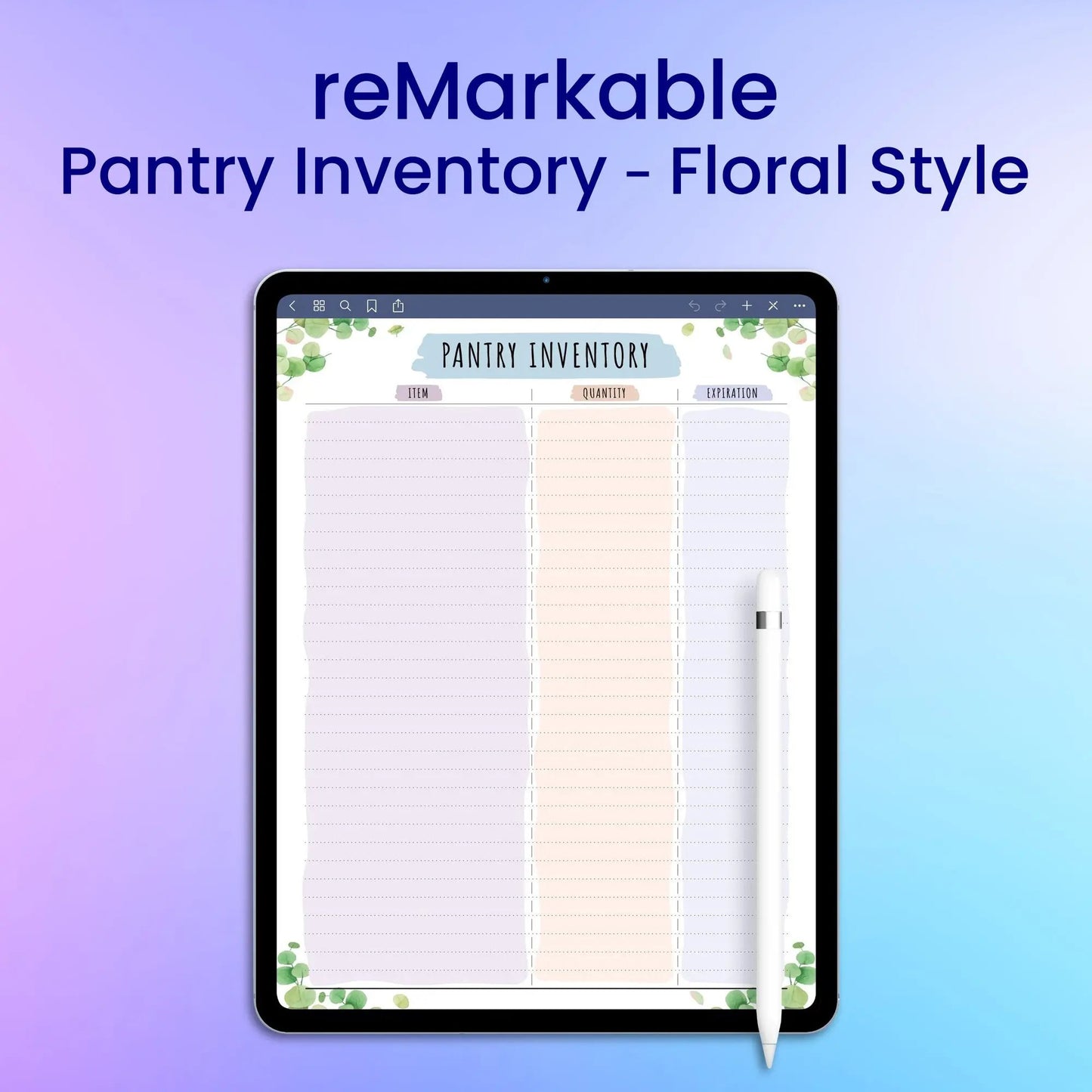 reMarkable 2 Pantry Inventory - Floral Style Planner Template My Store