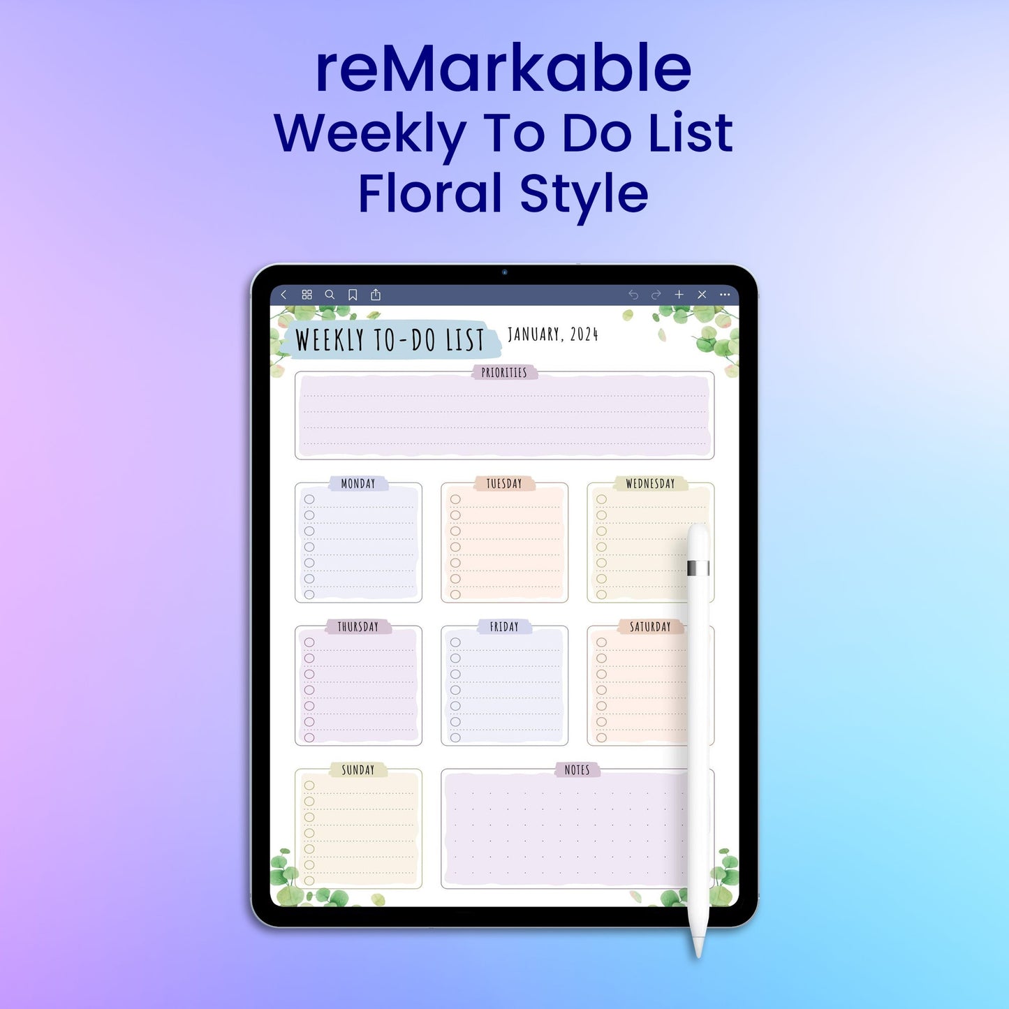 reMarkable 2 Weekly To Do List - Floral Style Planner Template My Store