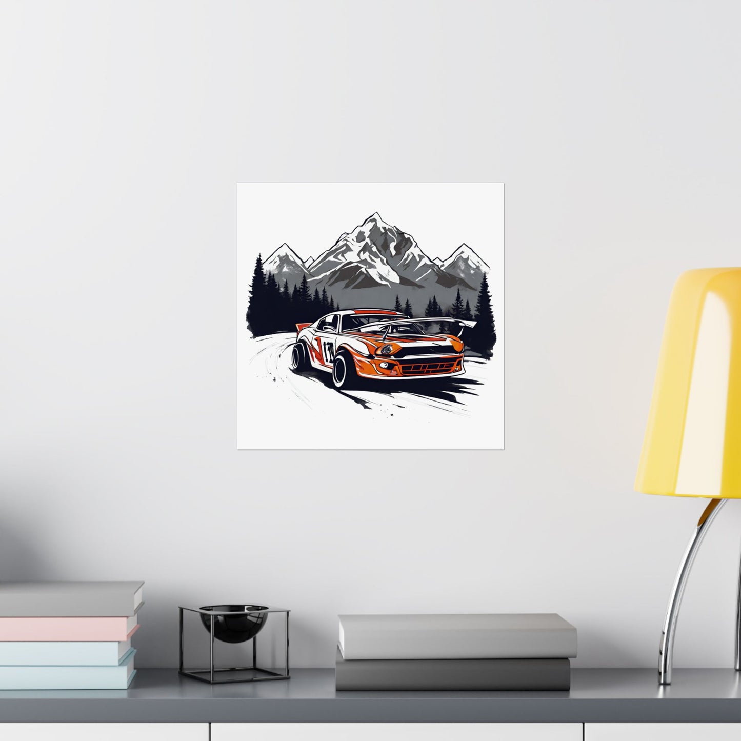 Racing Car Satin Poster - Mountain Adventure Art Print - CreativeRino