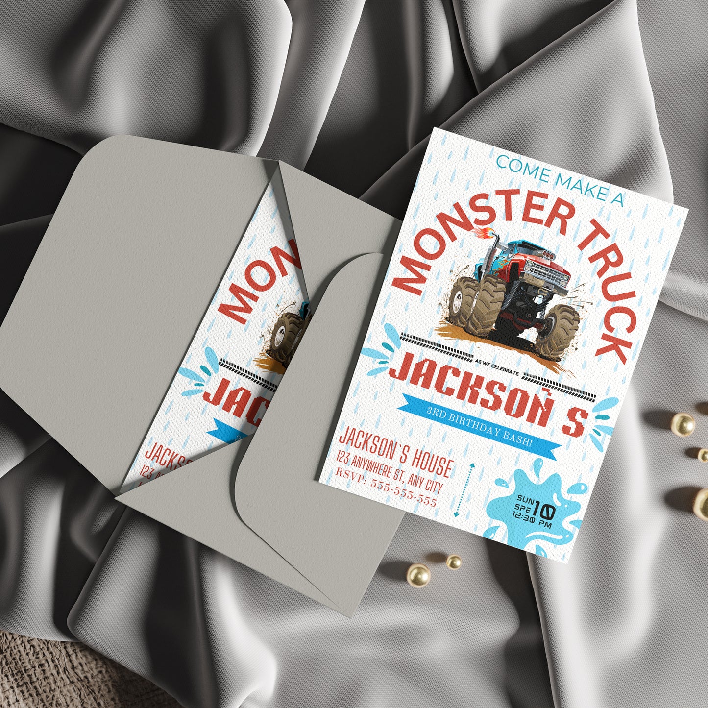Monster Truck Splash Birthday Invitation Template - CreativeRino