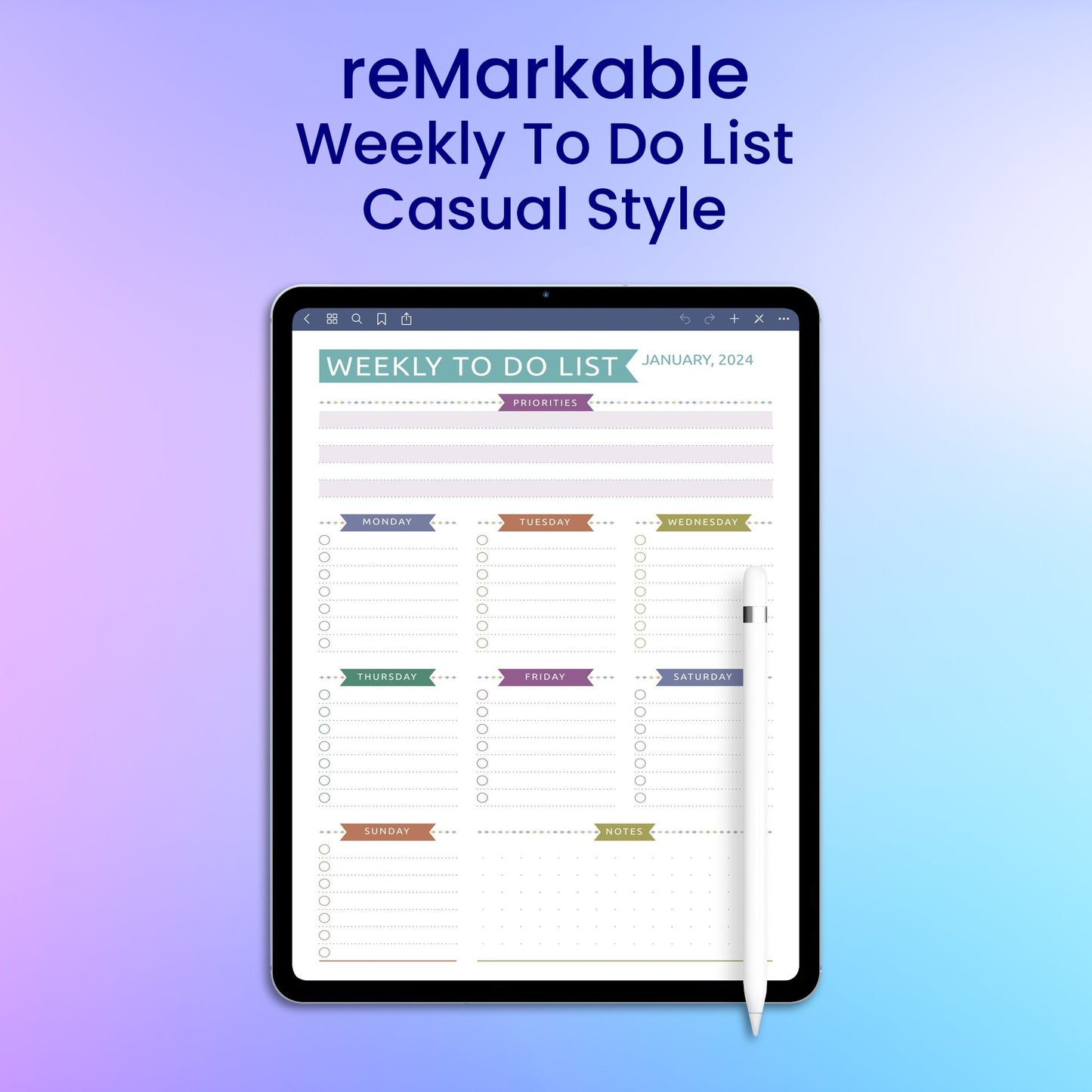 reMarkable 2 Weekly To Do List - Casual Style Planner Template My Store