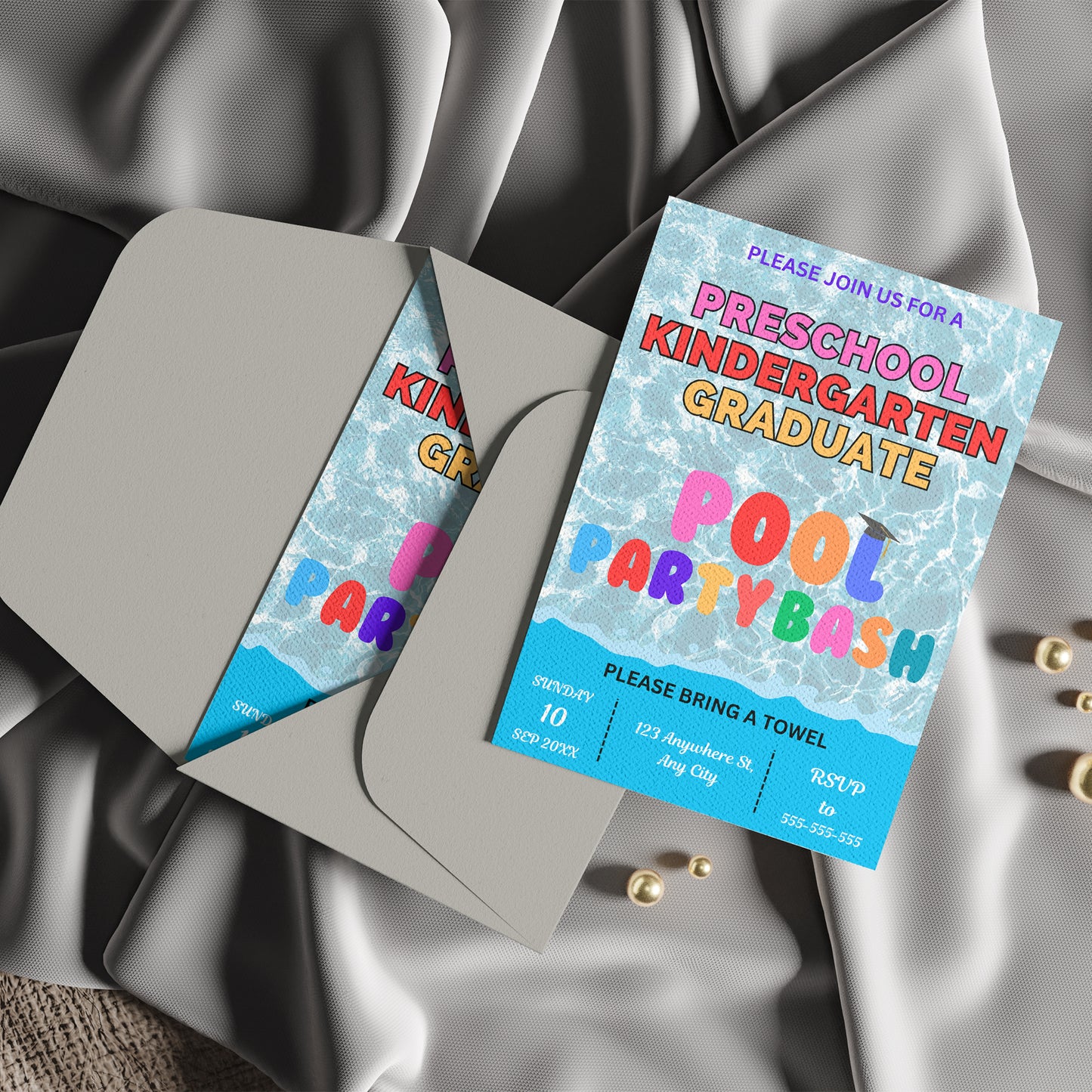 Preschool Kindergarten Graduation Pool Party Invitation Template - CreativeRino