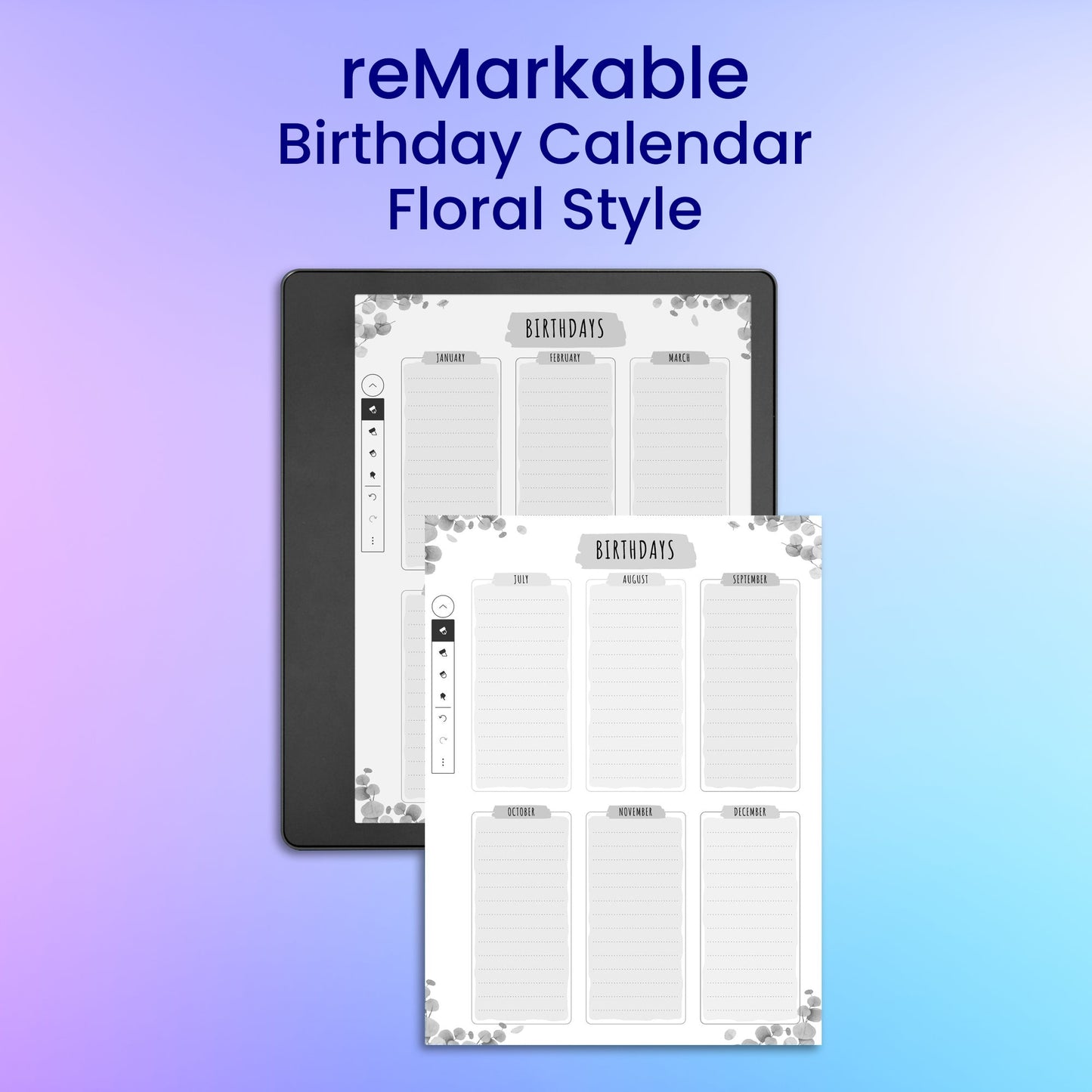 reMarkable 2 Birthday Calendar - Floral Style Planner Template My Store