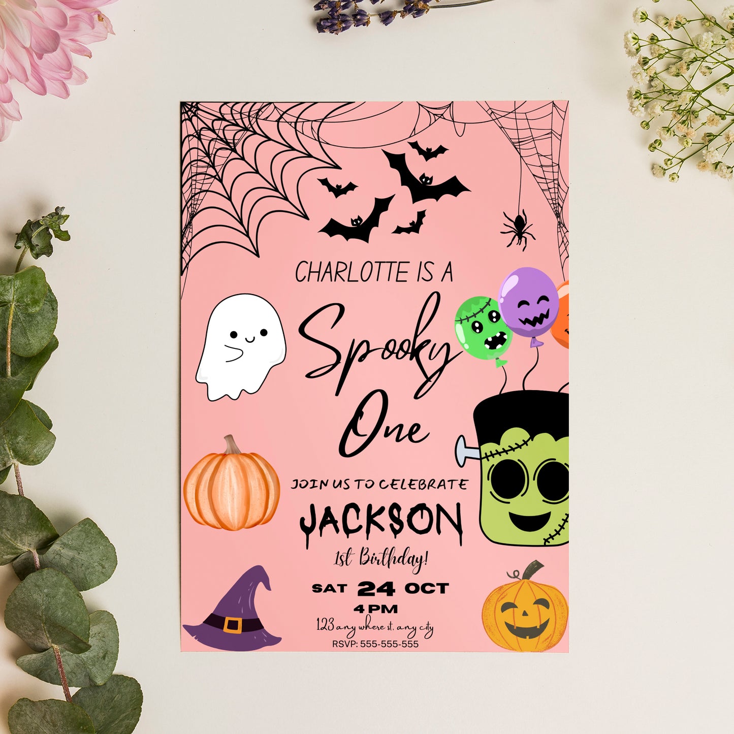 Pink Spooky One Halloween Birthday Invitation Template - CreativeRino