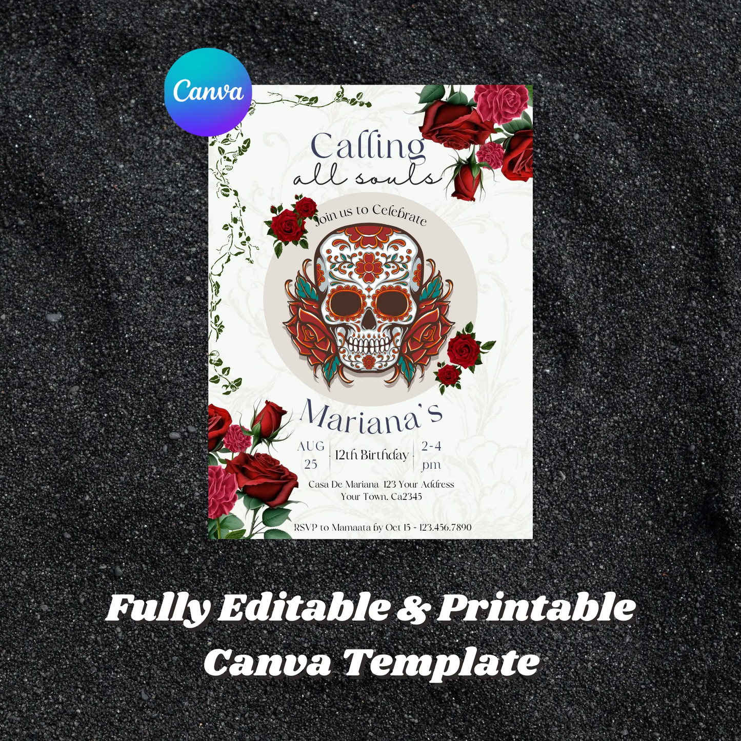 Day of the Dead Birthday Invitation Template | Calling all Souls Sugar Skull Invite - CreativeRino
