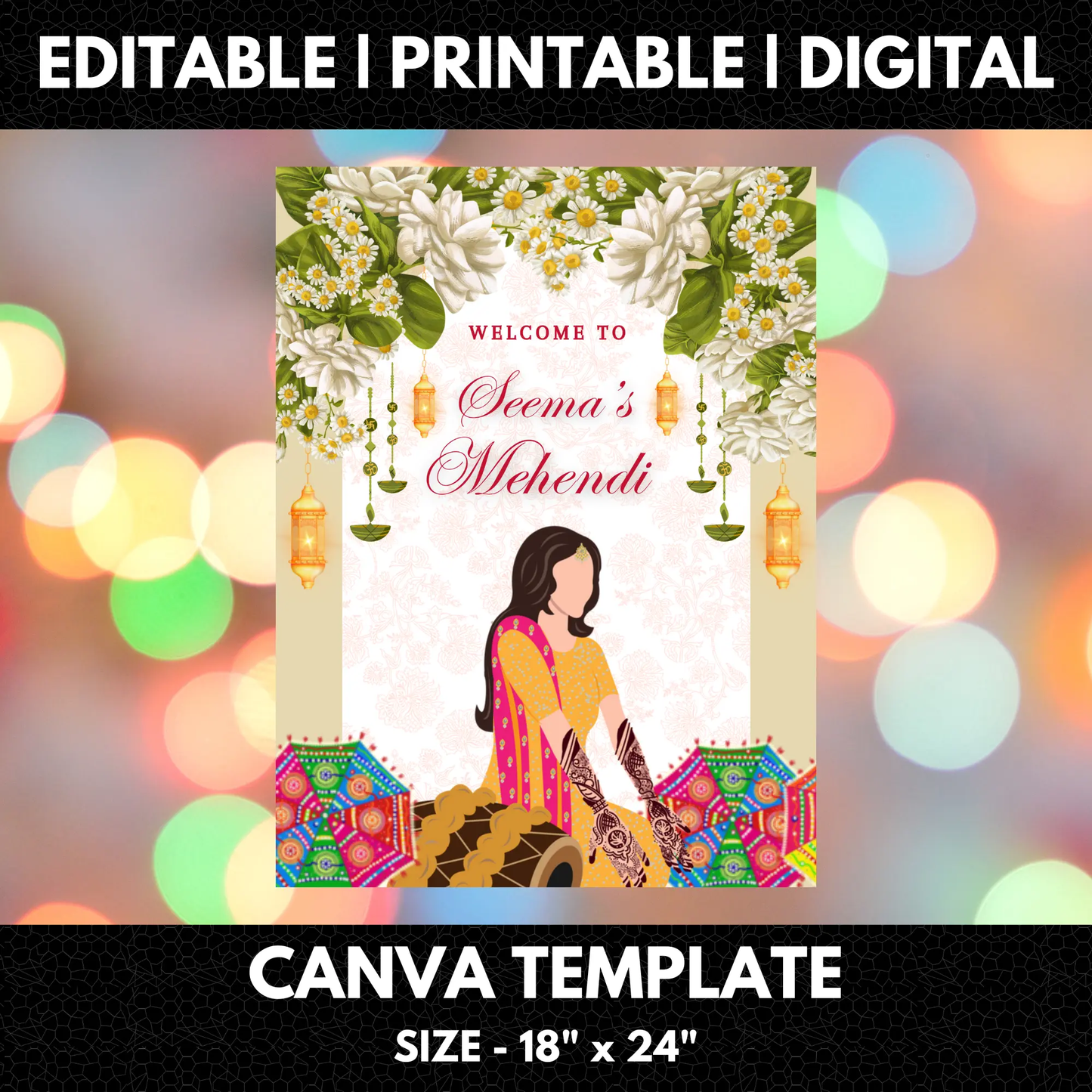 Mehndi Sign Template | Indian Wedding Welcome Sign - CreativeRino