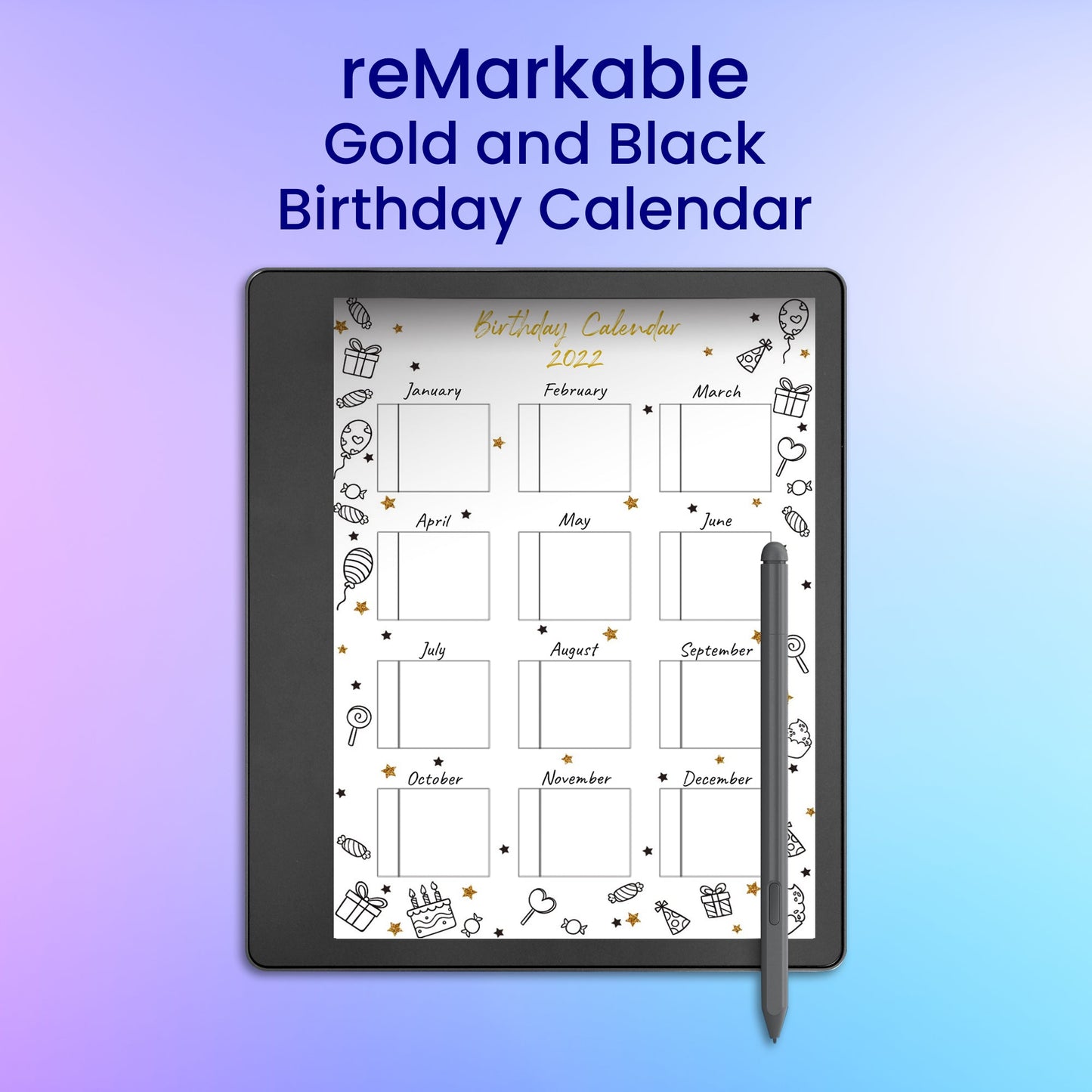 reMarkable 2 Gold and Black Birthday Calendar Planner Template My Store