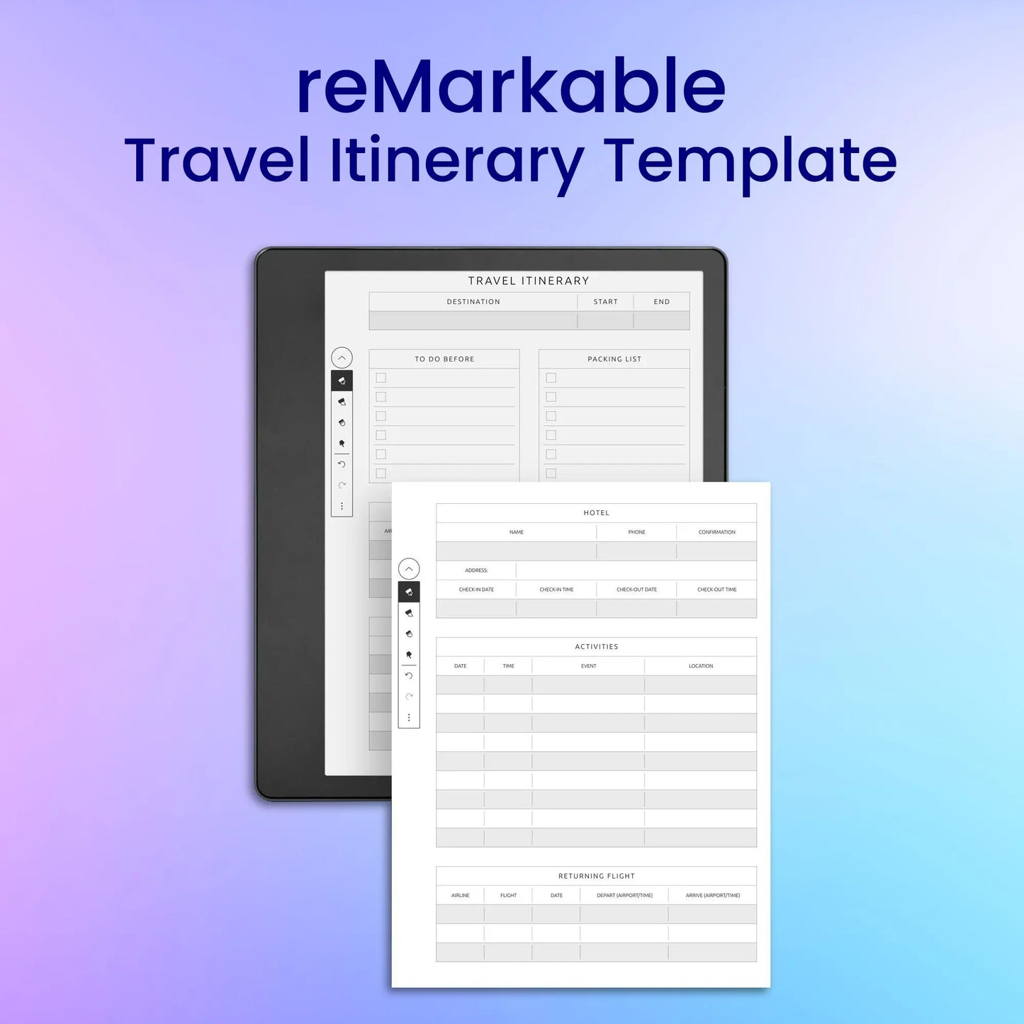 reMarkable 2 Travel Itinerary Template Planner Template My Store