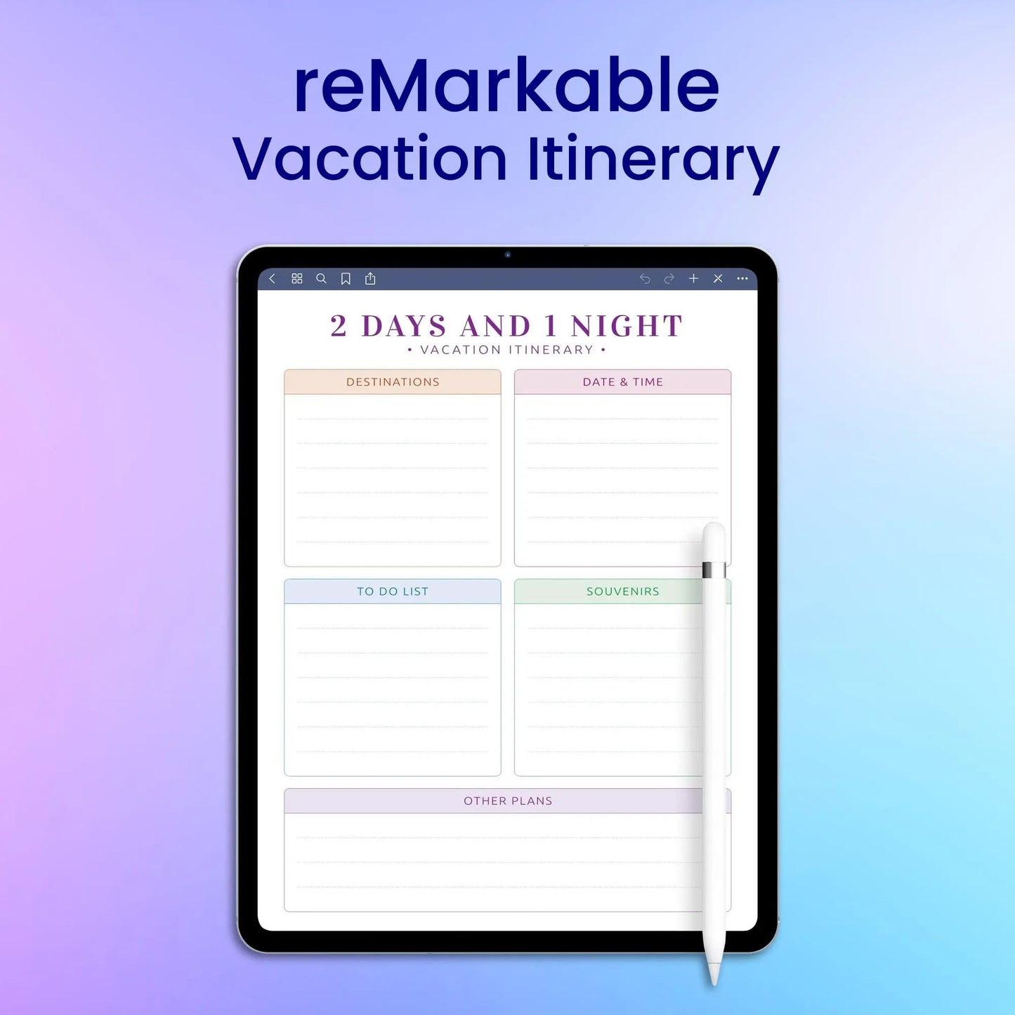 reMarkable 2 Vacation Itinerary Planner Template My Store