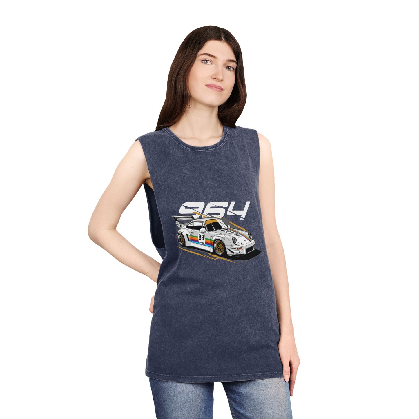 Porsche 964 Unisex Stonewash Tank Top with Vintage Race Car Design - CreativeRino