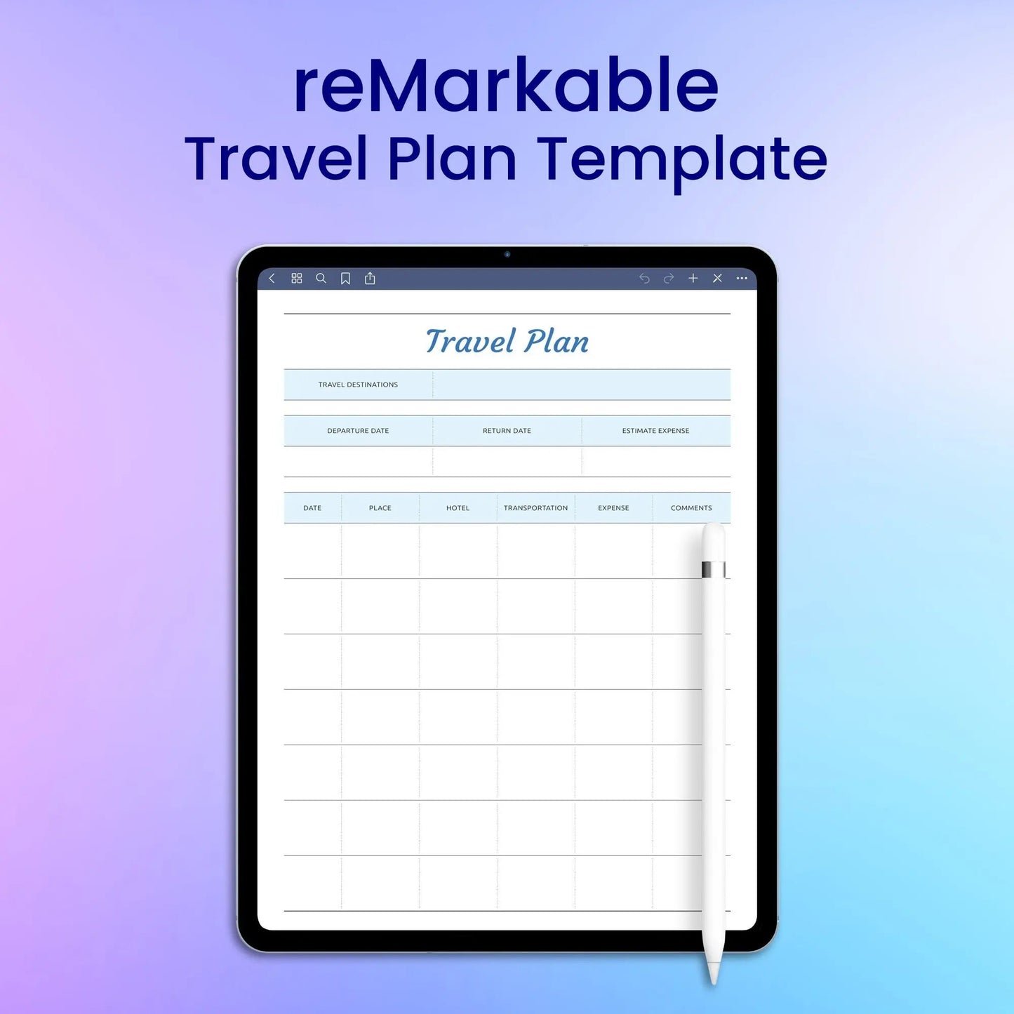 reMarkable 2 Travel Plan Template Planner Template My Store
