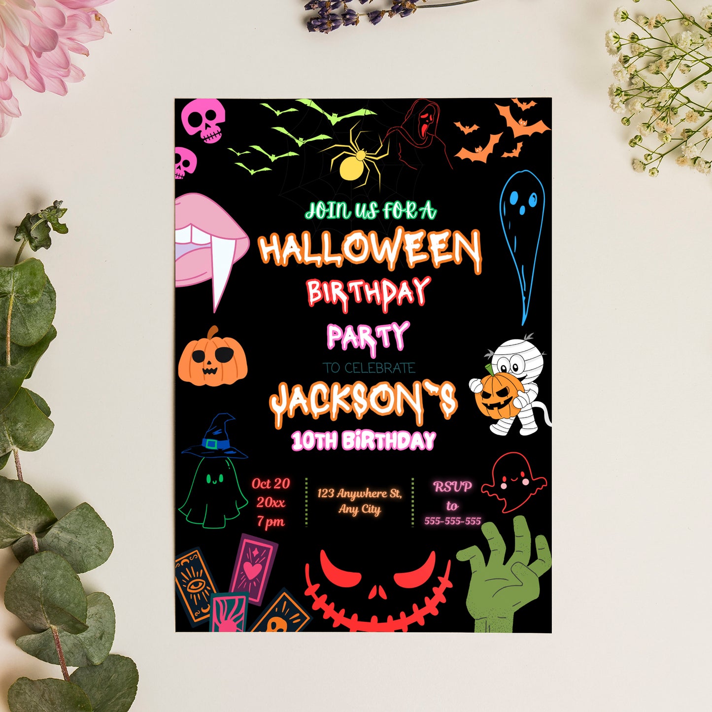 Neon Halloween Birthday Party Invitation Template - CreativeRino