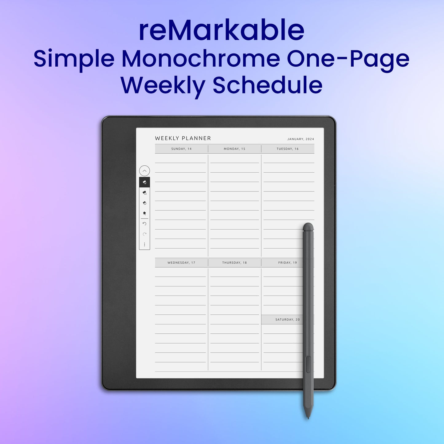 reMarkable 2 Simple Monochrome One-Page Weekly Schedule Planner Template My Store